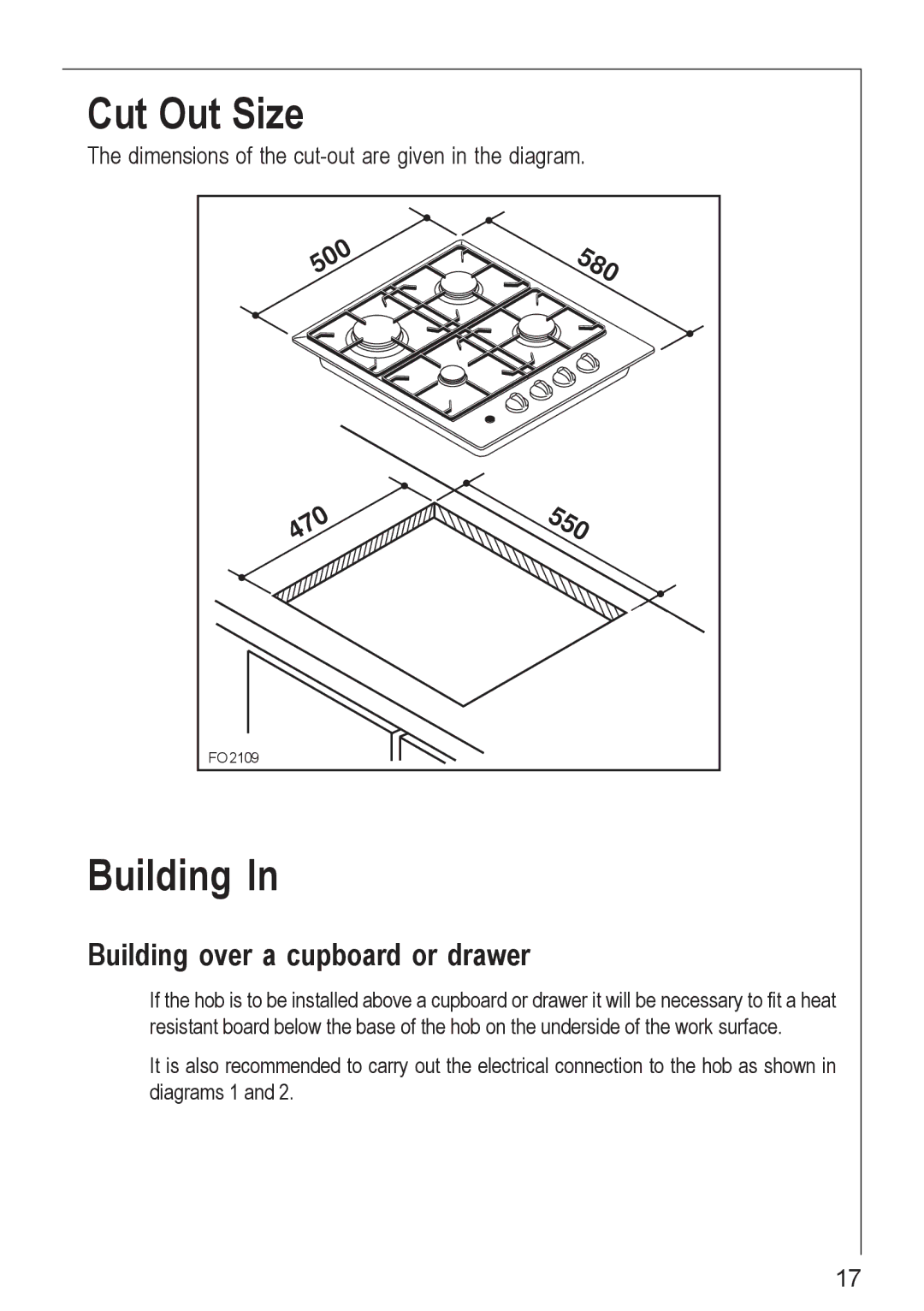 Electrolux 61502 G operating instructions Cut Out Size, Building over a cupboard or drawer 