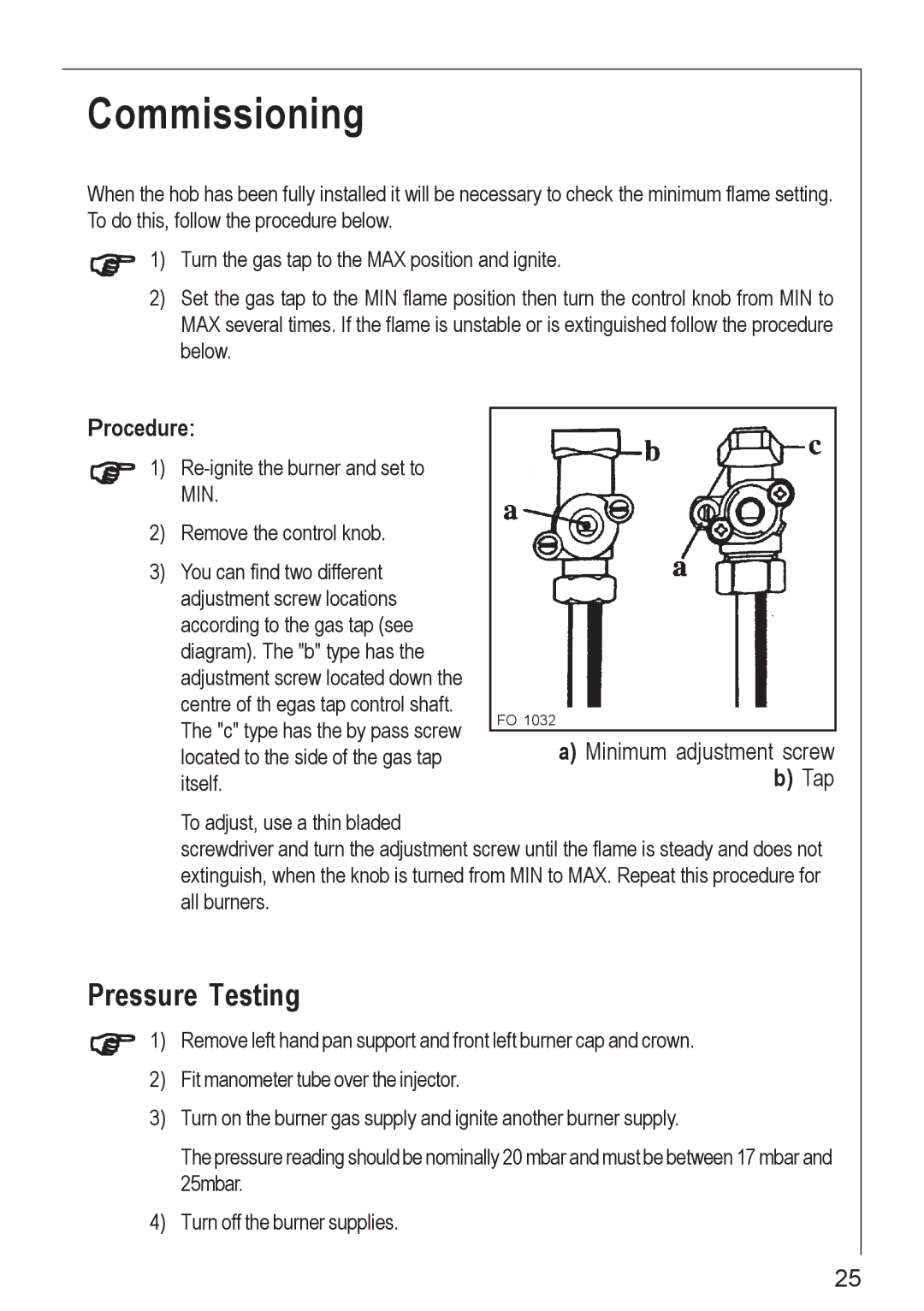 Electrolux 61502 G operating instructions Commissioning, Pressure Testing 