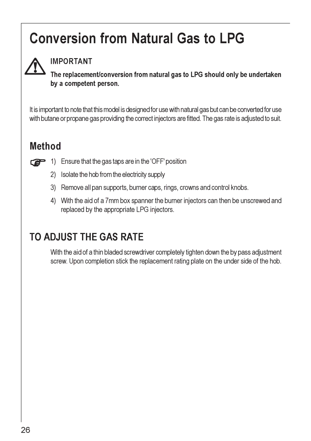 Electrolux 61502 G operating instructions Conversion from Natural Gas to LPG, Method 