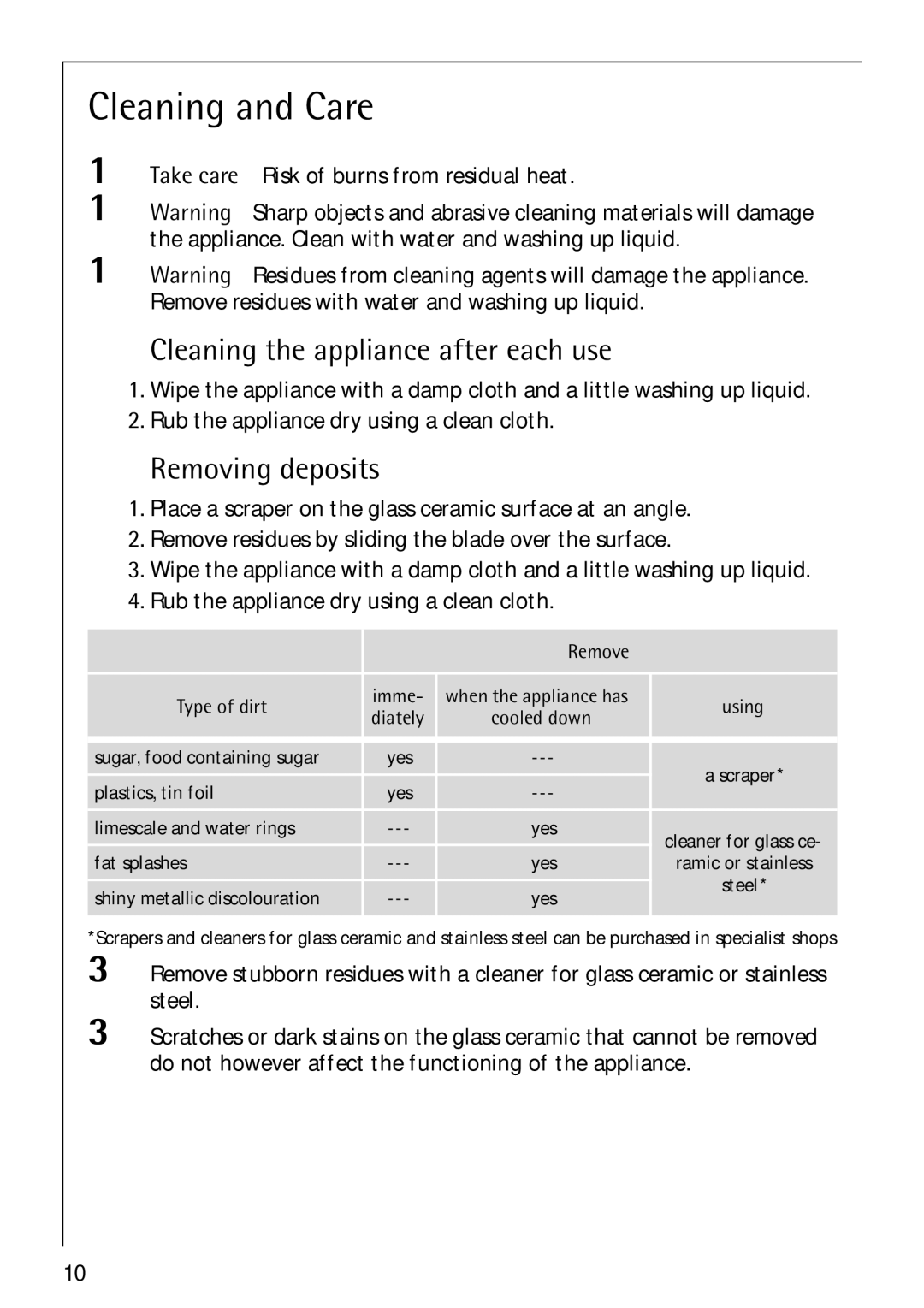 Electrolux 6204 operating instructions Cleaning and Care, Cleaning the appliance after each use, Removing deposits 