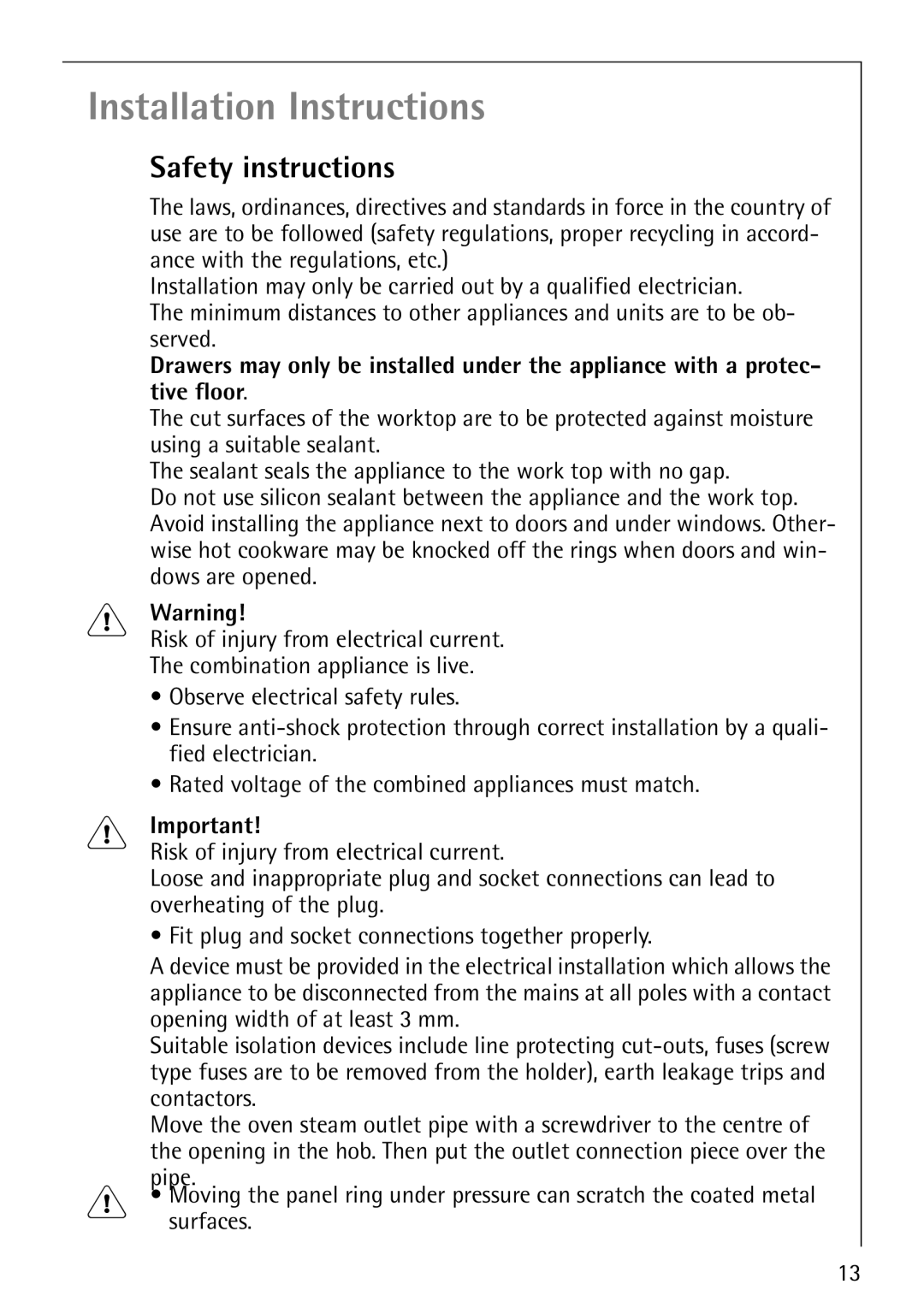 Electrolux 6204 operating instructions Installation Instructions, Safety instructions 