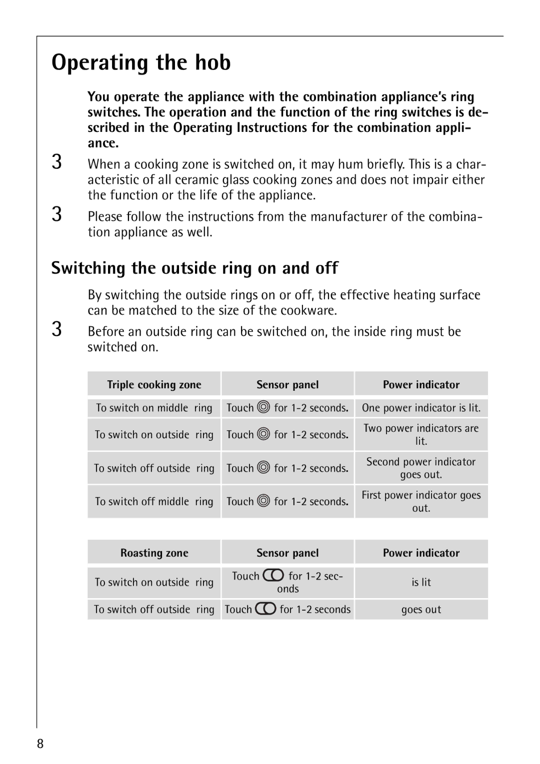 Electrolux 6204 operating instructions Operating the hob, Switching the outside ring on and off 