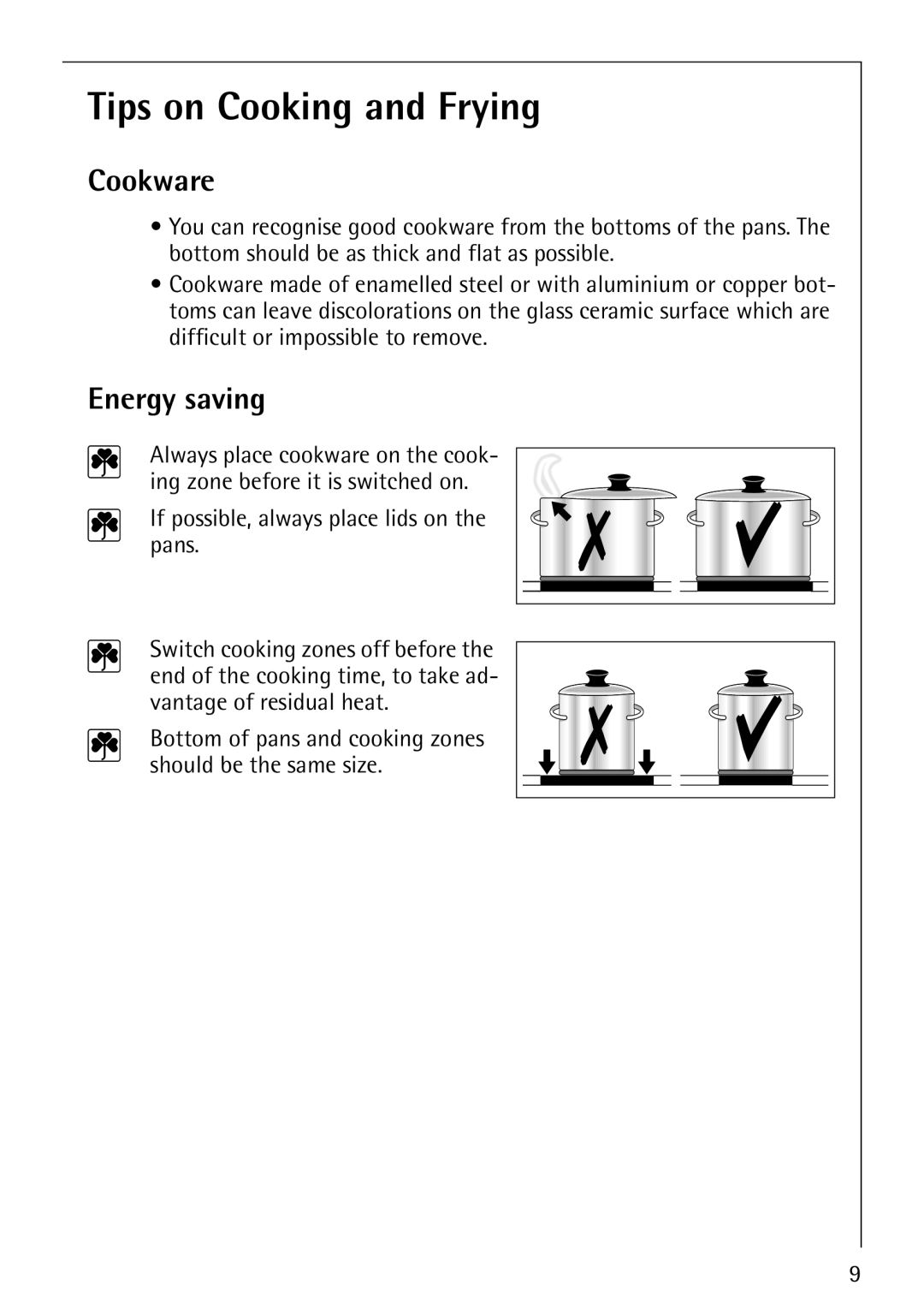 Electrolux 6204 operating instructions Tips on Cooking and Frying, Cookware, Energy saving 