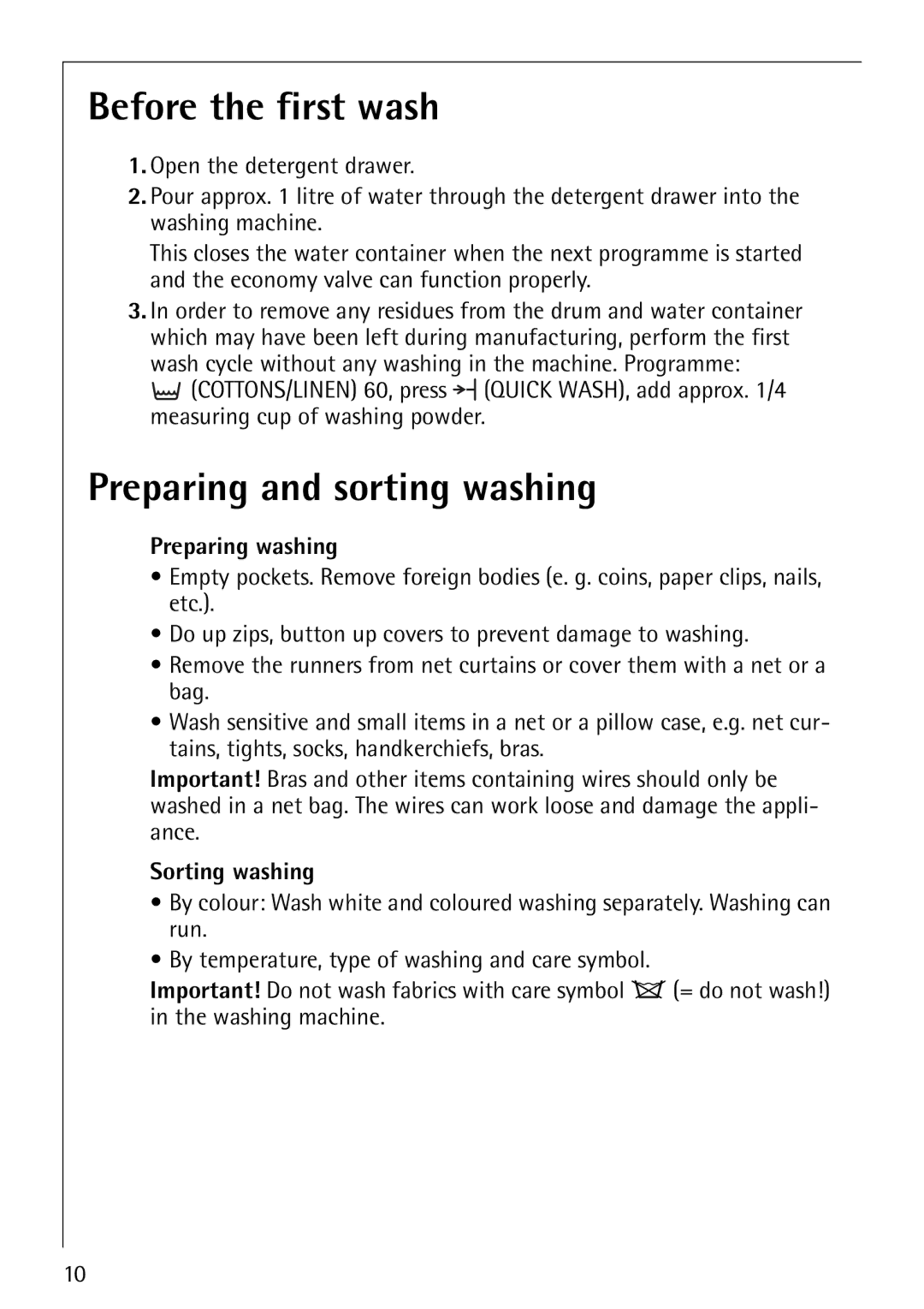 Electrolux 62610 manual Before the first wash, Preparing and sorting washing, Preparing washing, Sorting washing 