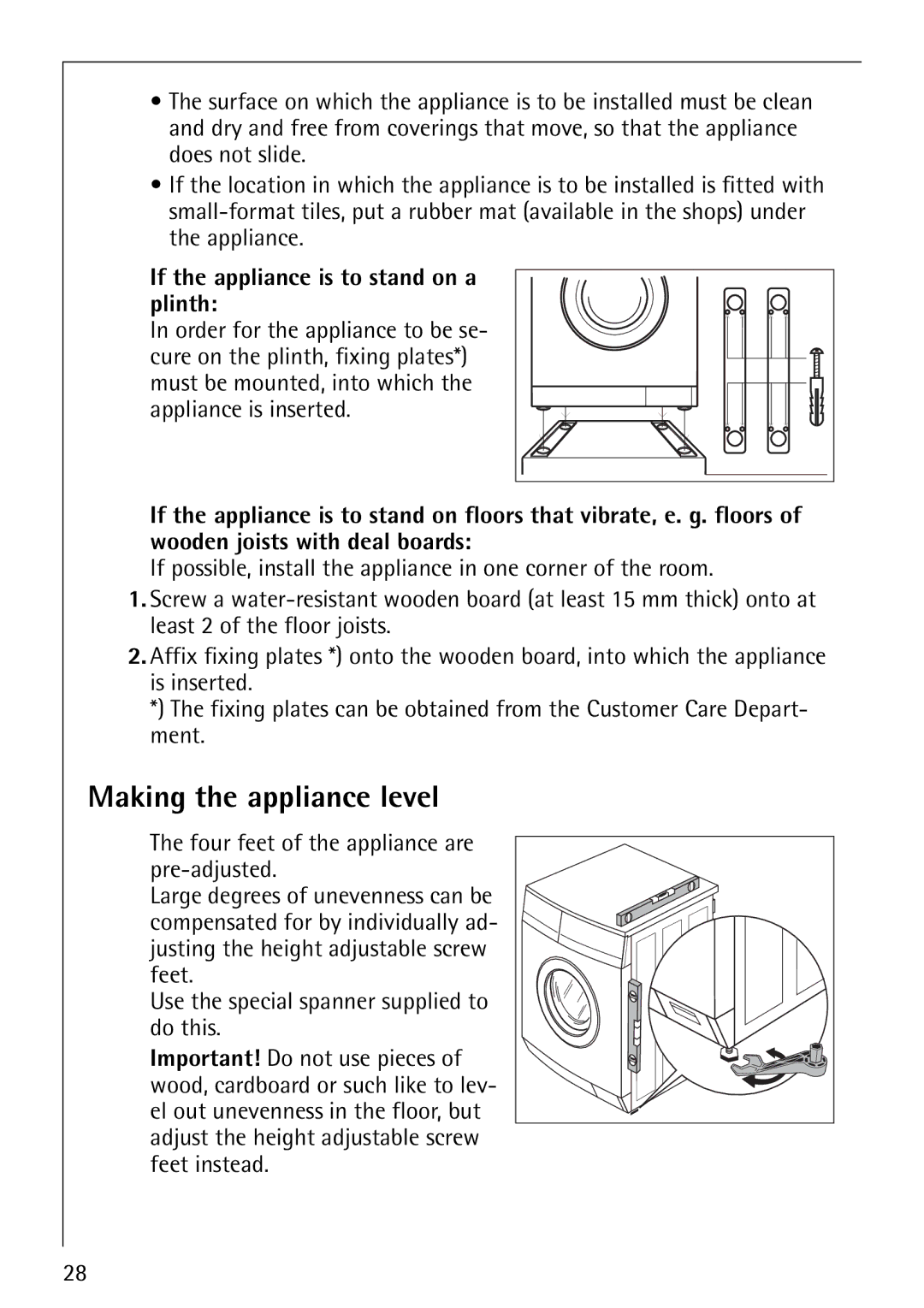 Electrolux 62610 manual Making the appliance level, If the appliance is to stand on a plinth 