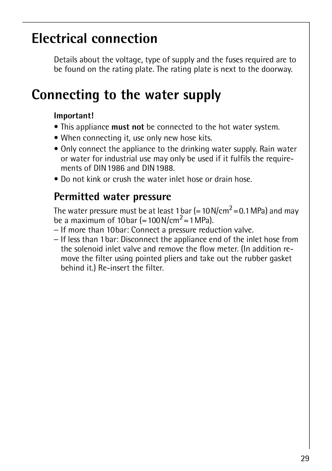 Electrolux 62610 manual Electrical connection, Connecting to the water supply, Permitted water pressure 