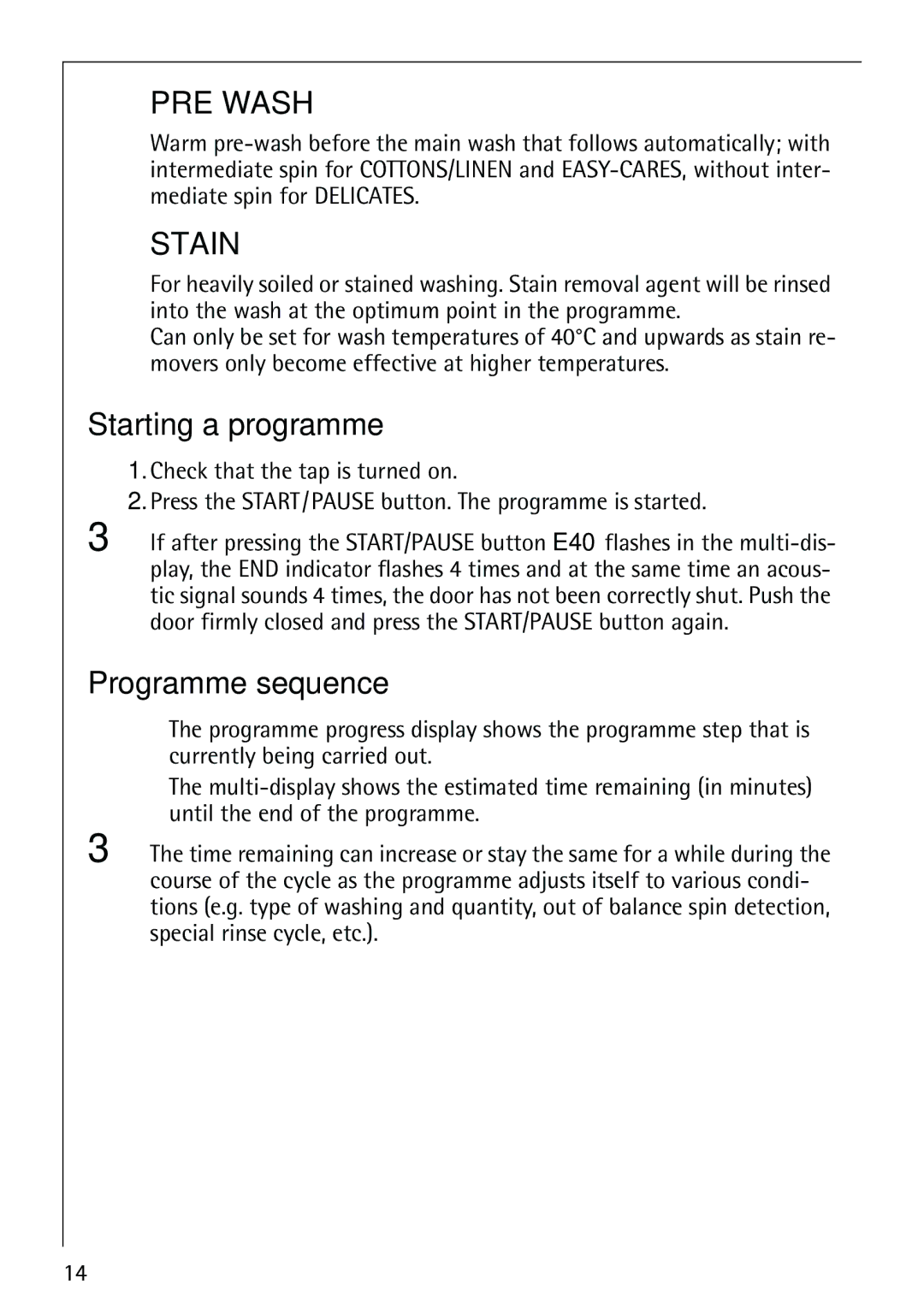 Electrolux 62825 manual Starting a programme, Programme sequence 