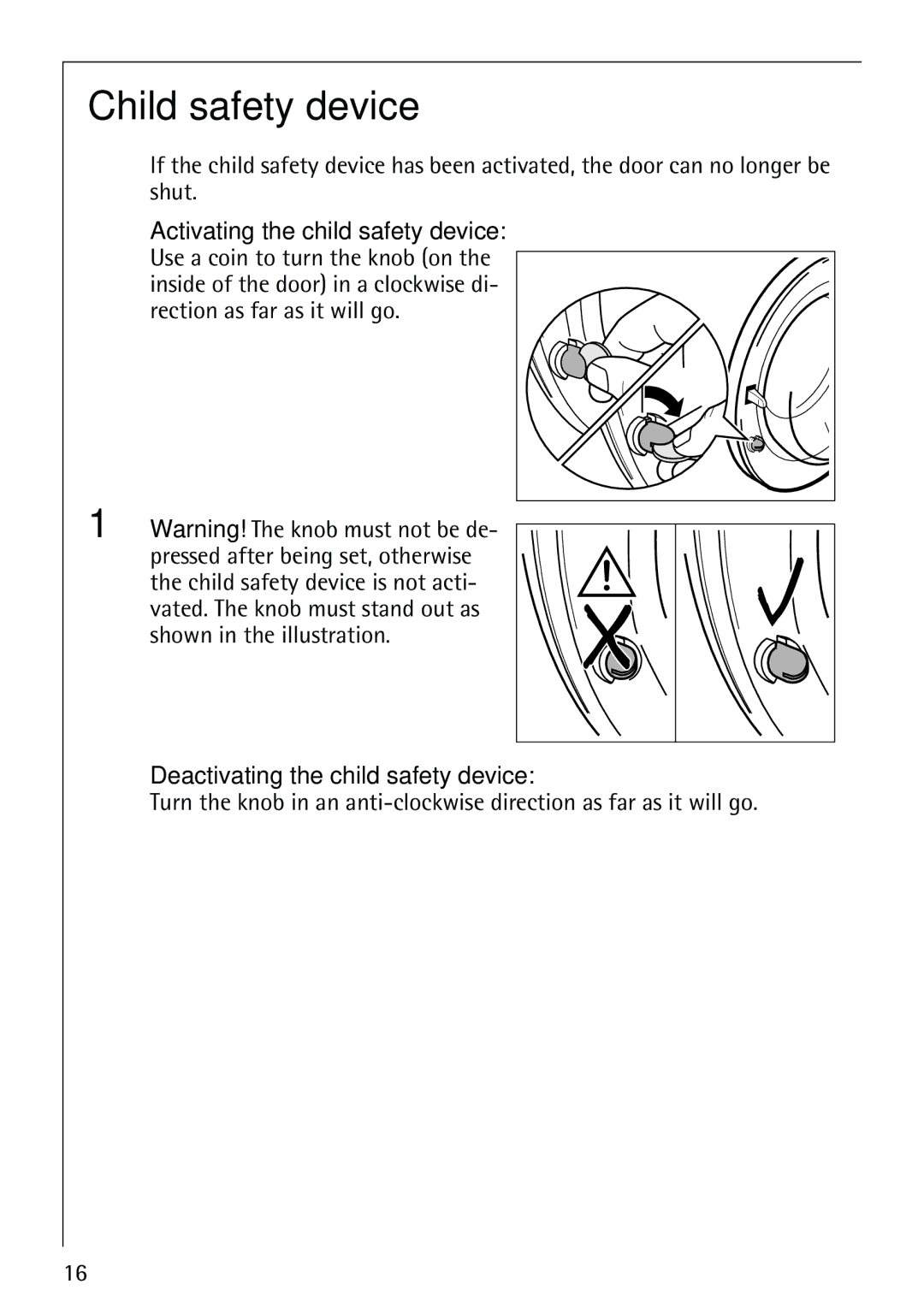 Electrolux 62825 manual Child safety device, Deactivating the child safety device 