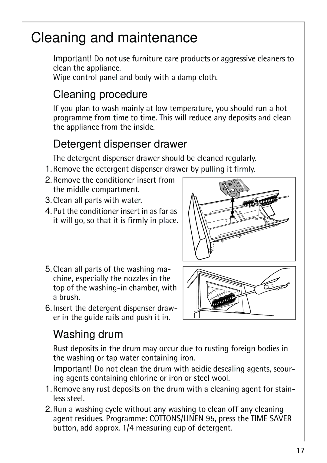 Electrolux 62825 manual Cleaning and maintenance, Cleaning procedure, Detergent dispenser drawer, Washing drum 