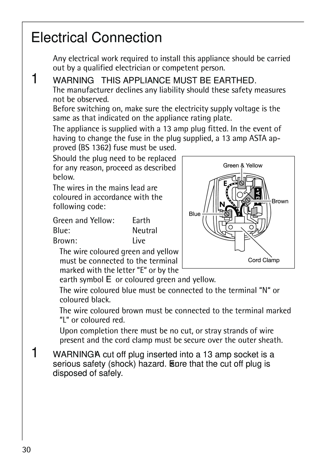 Electrolux 62825 manual Electrical Connection, Brown Live Wire coloured green and yellow 