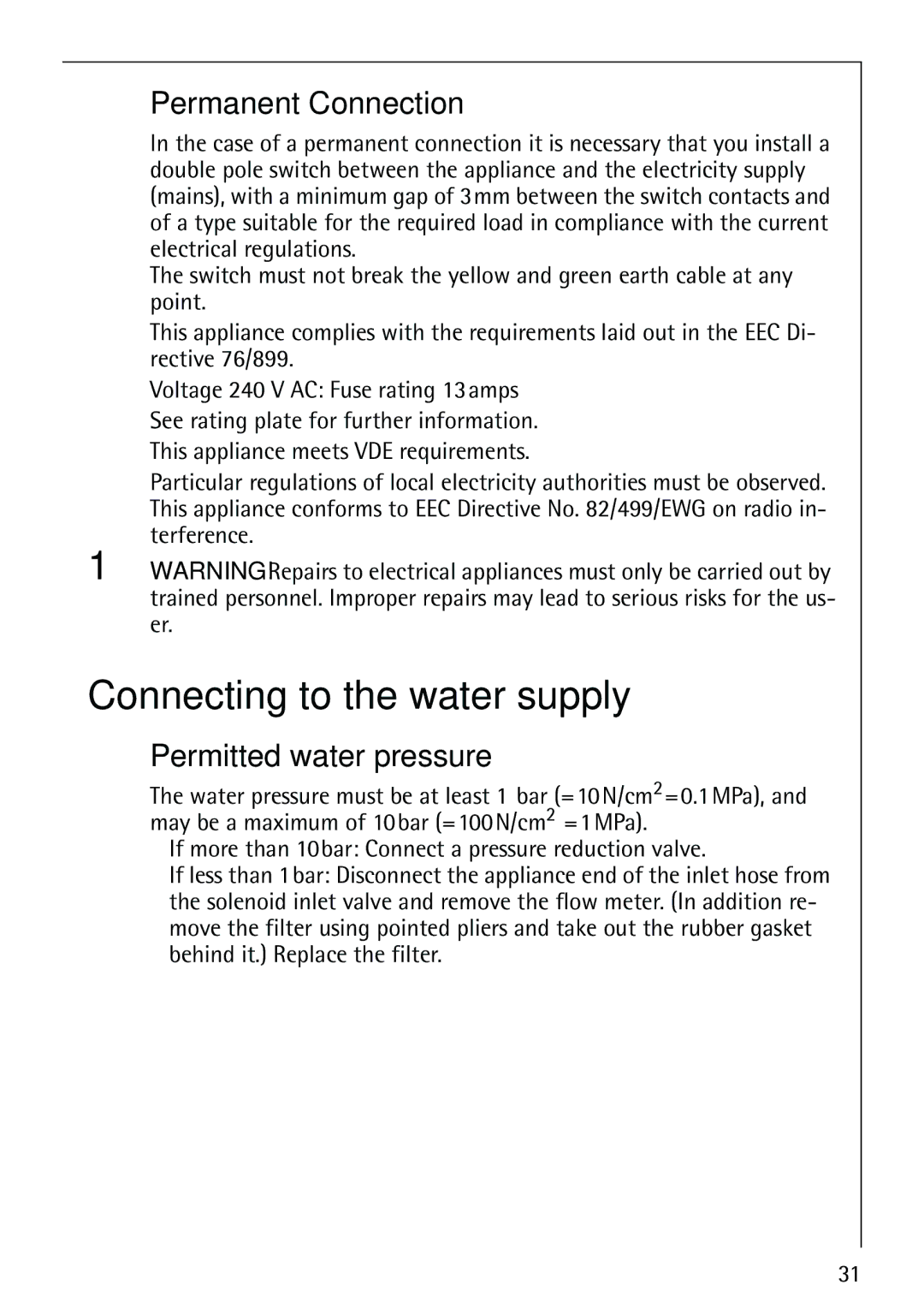 Electrolux 62825 manual Connecting to the water supply, Permanent Connection, Permitted water pressure 