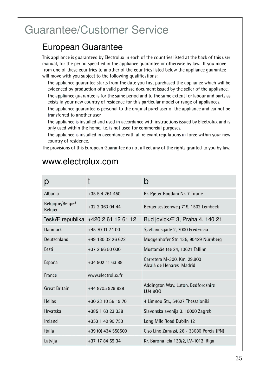 Electrolux 62825 manual Guarantee/Customer Service, European Guarantee 