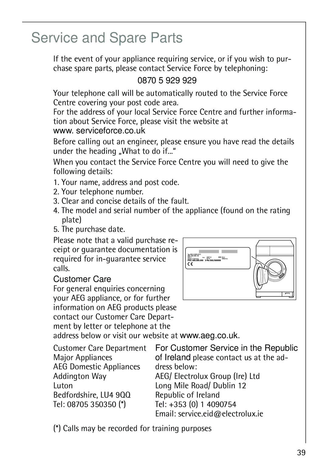 Electrolux 62825 manual 0870 5 929, Customer Care, For general enquiries concerning, Major Appliances 