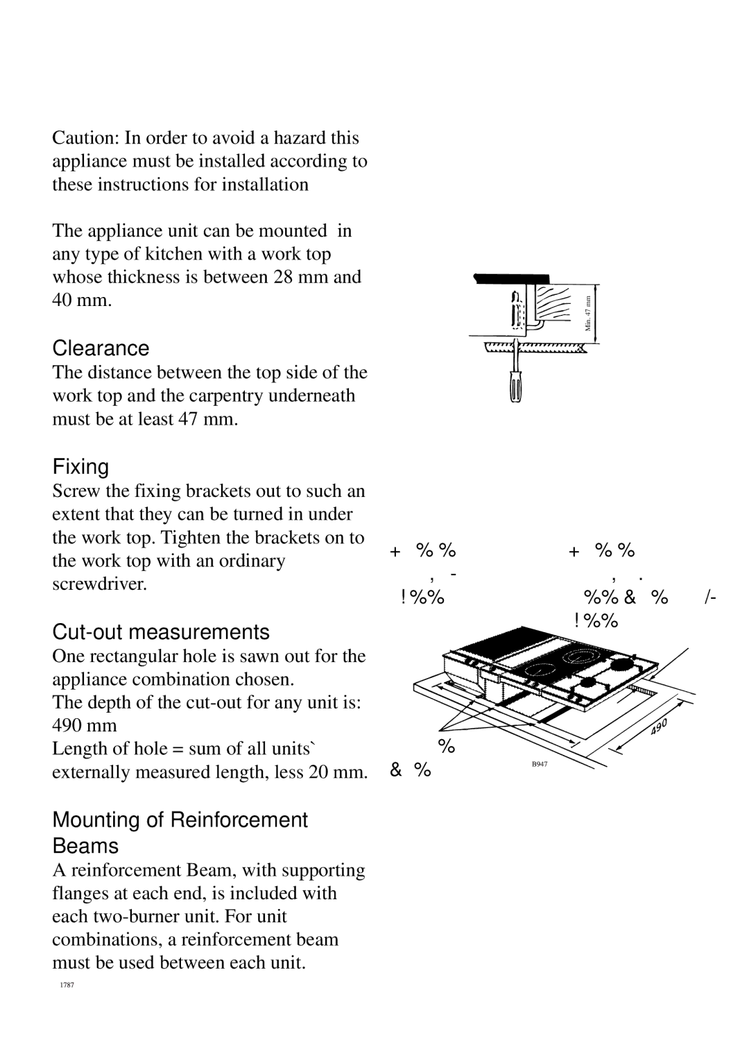 Electrolux 6310 DK-m manual Installation, Clearance, Fixing, Cut-out measurements, Mounting of Reinforcement Beams 