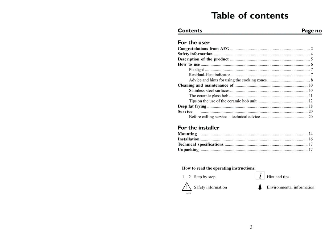 Electrolux 6310 DK manual Table of contents 