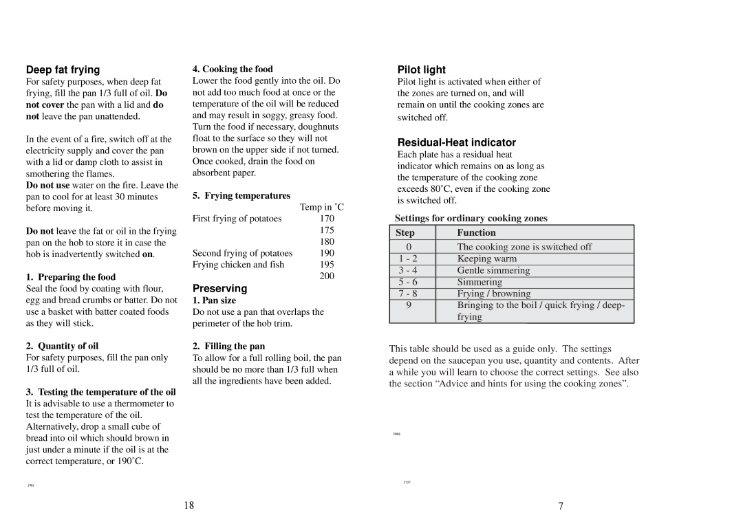 Electrolux 6310 DK manual Deep fat frying, Preserving, Pilot light, Residual-Heat indicator 