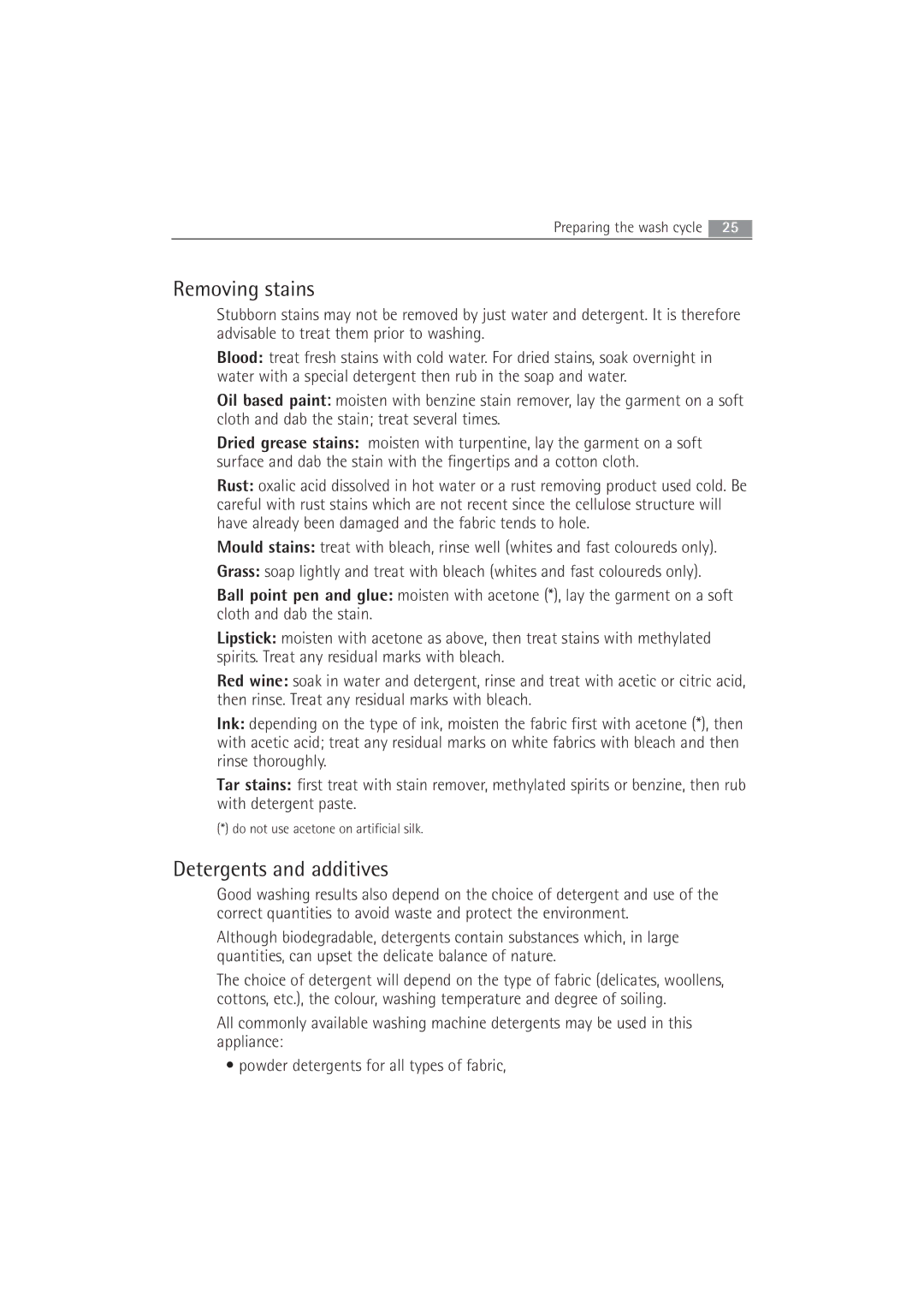 Electrolux 63742 VI manual Removing stains, Detergents and additives 