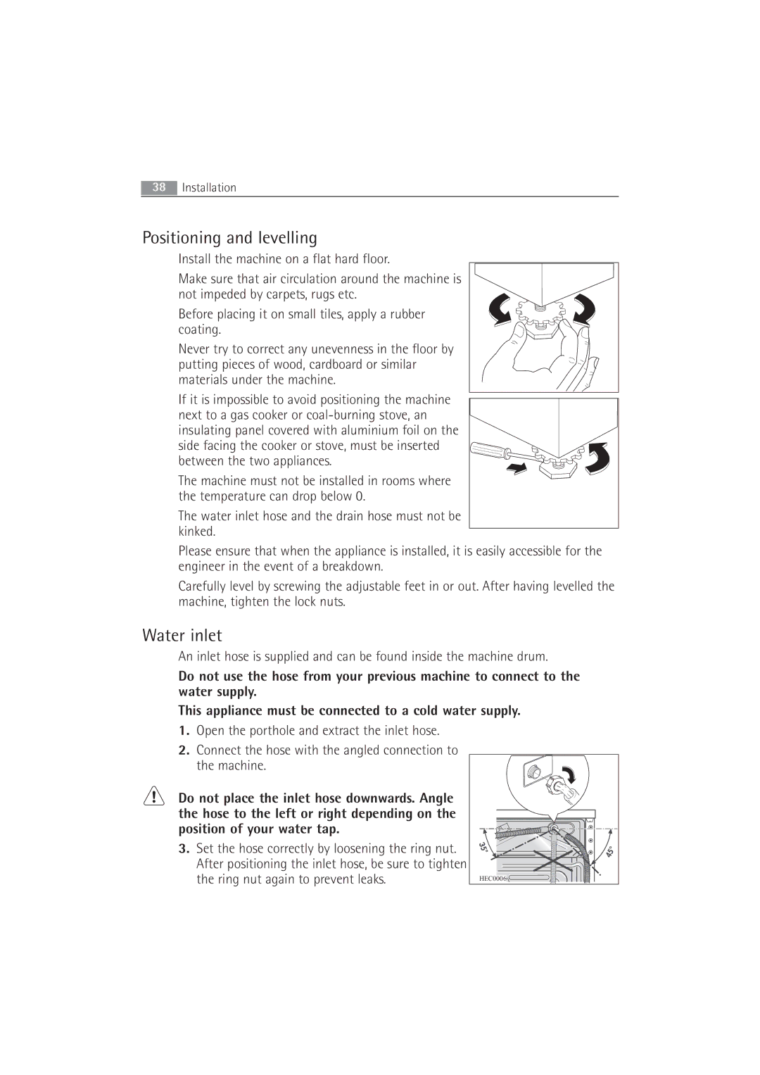 Electrolux 63742 VI manual Positioning and levelling, Water inlet 