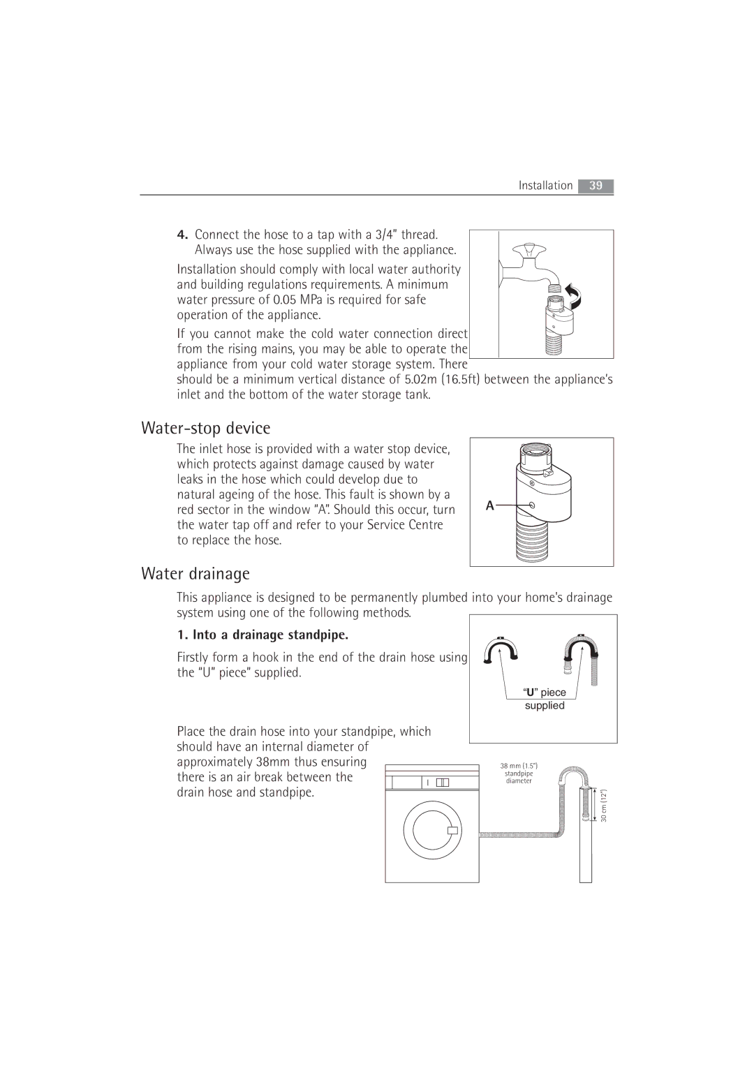 Electrolux 63742 VI manual Water-stop device, Water drainage 