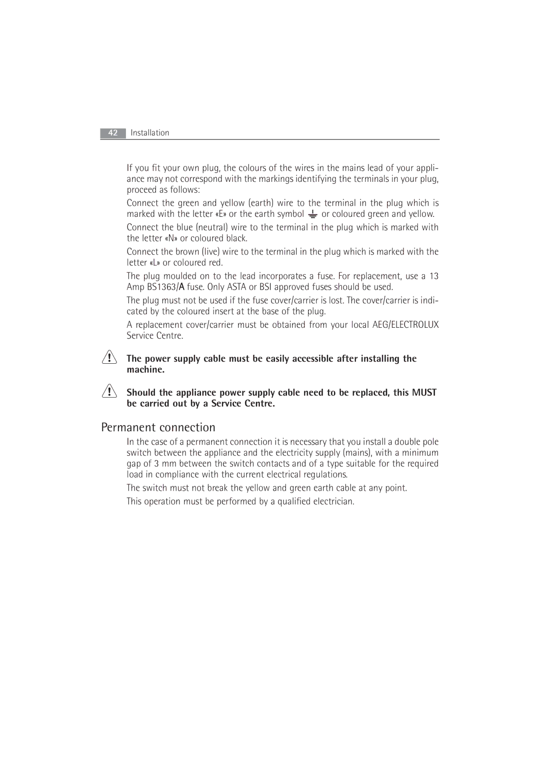 Electrolux 63742 VI manual Permanent connection 