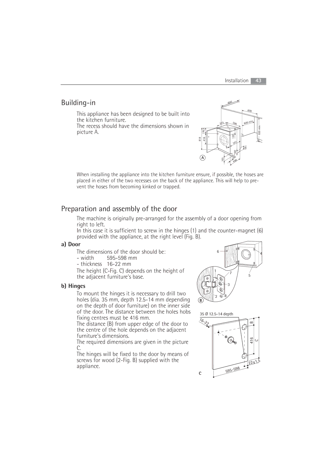 Electrolux 63742 VI manual Building-in, Preparation and assembly of the door 