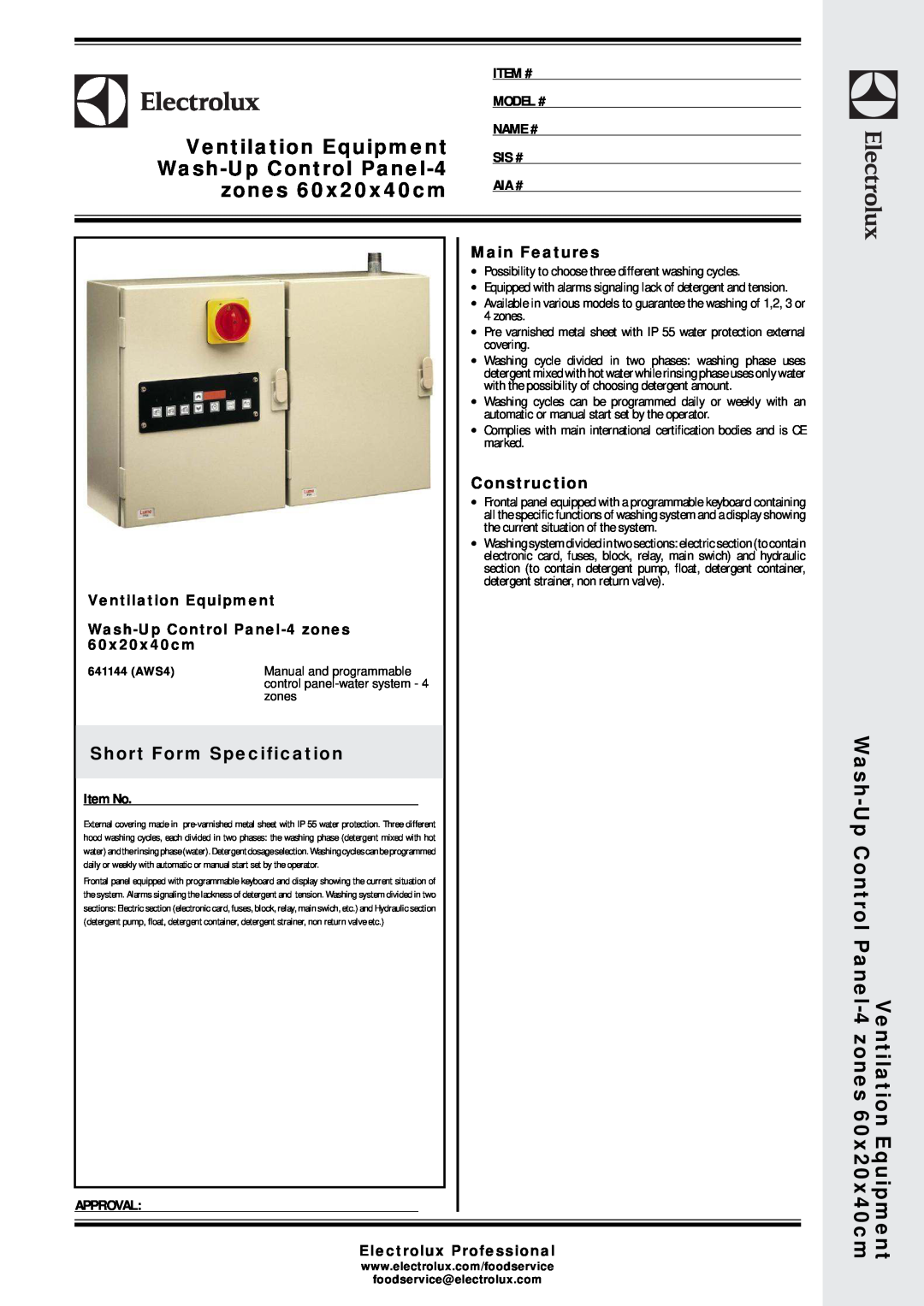 Electrolux 641144 (AWS4) manual Ventilation Equipment, Wash-Up Control Panel-4, zones 60x20x40cm, Item #, Model #, Name # 