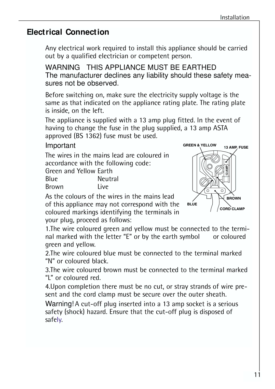 Electrolux 64150 TK manual Electrical Connection 