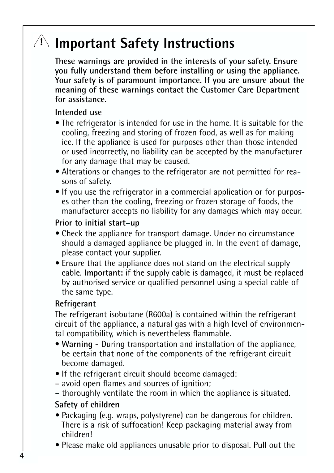 Electrolux 64150 TK manual Important Safety Instructions, Prior to initial start-up, Refrigerant, Safety of children 