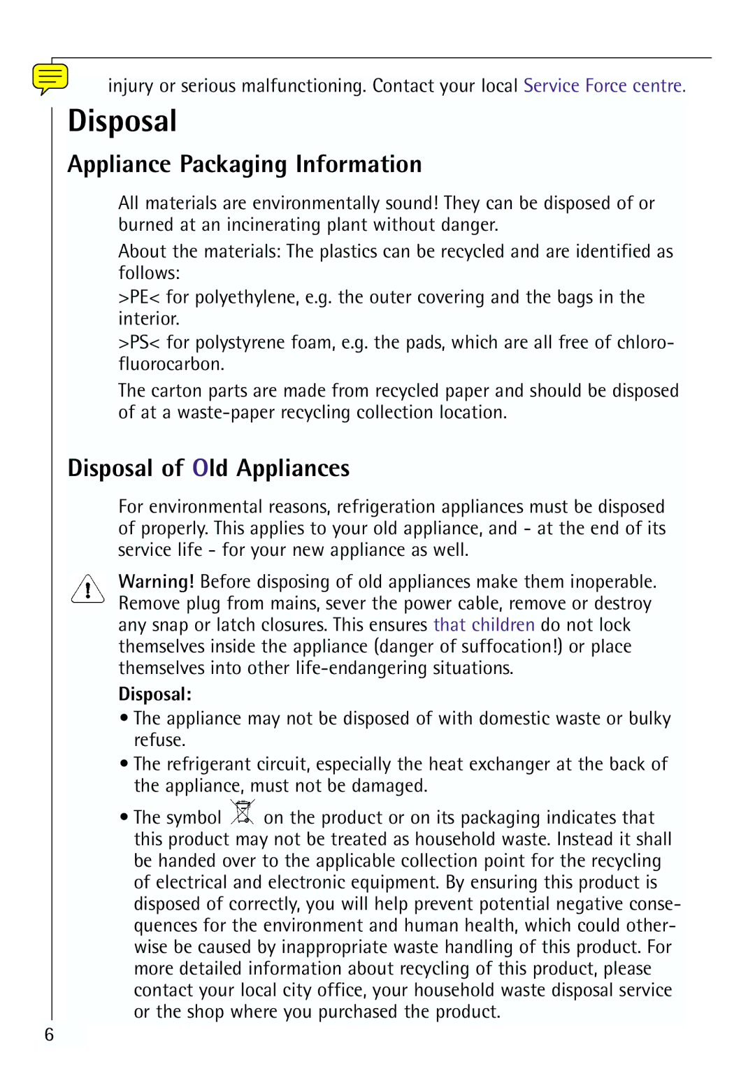 Electrolux 64150 TK manual Appliance Packaging Information, Disposal of Old Appliances 