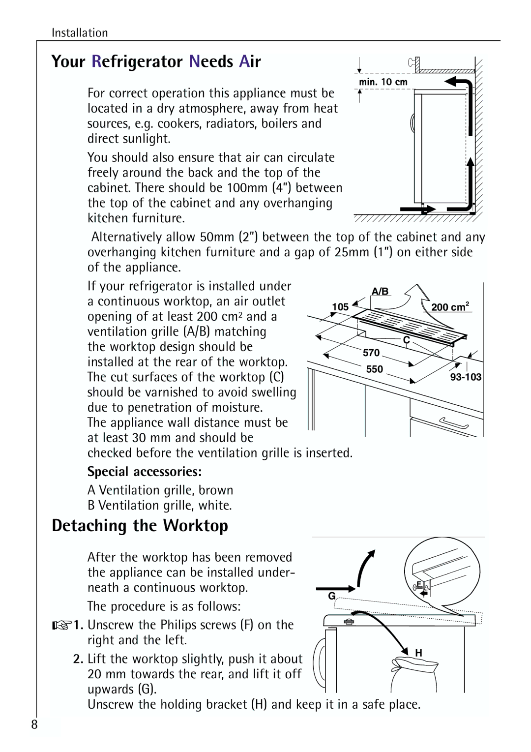 Electrolux 64150 TK manual Your Refrigerator Needs Air, Detaching the Worktop, Special accessories 