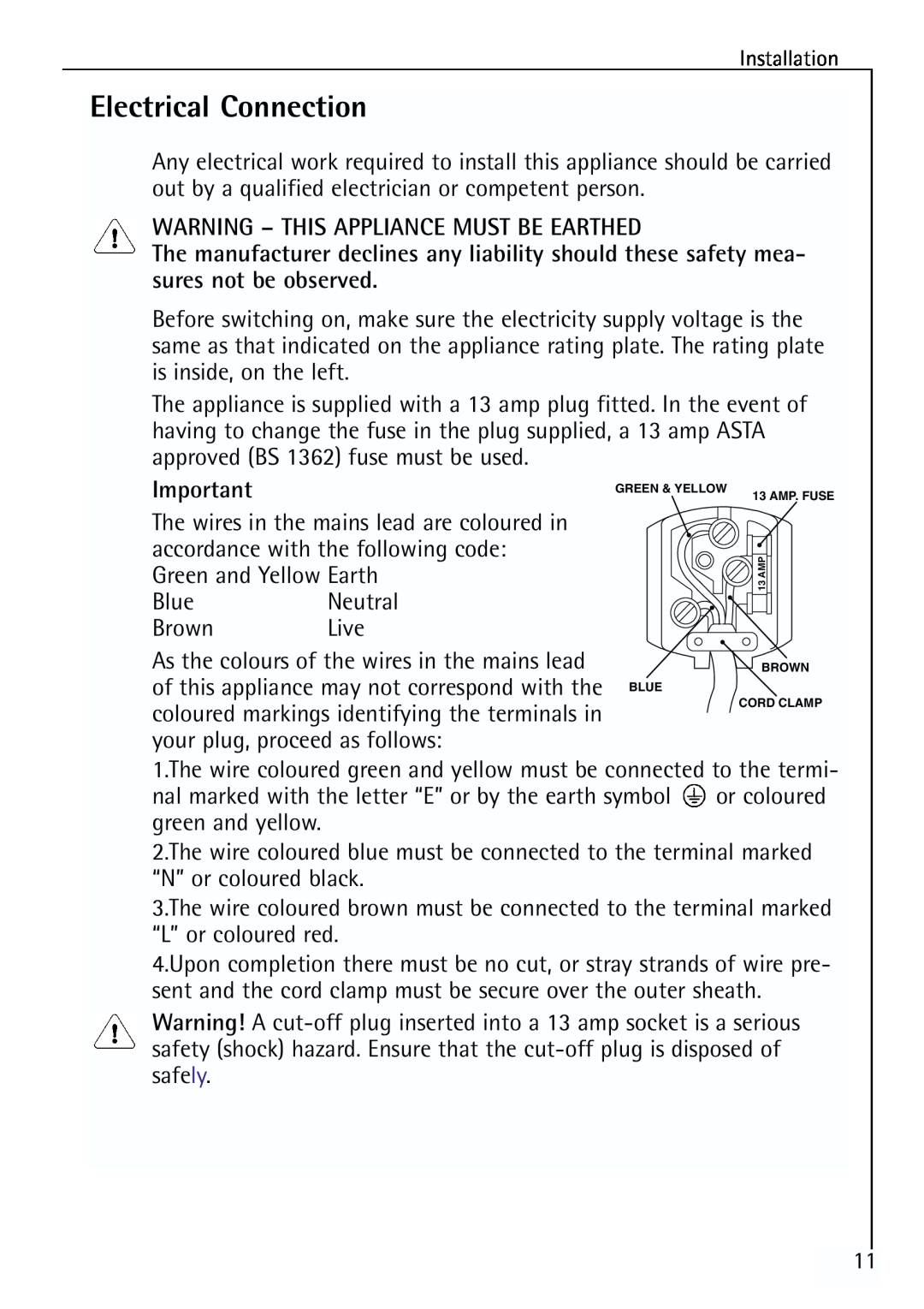 Electrolux 64150 TK manual Electrical Connection, Warning - This Appliance Must Be Earthed 