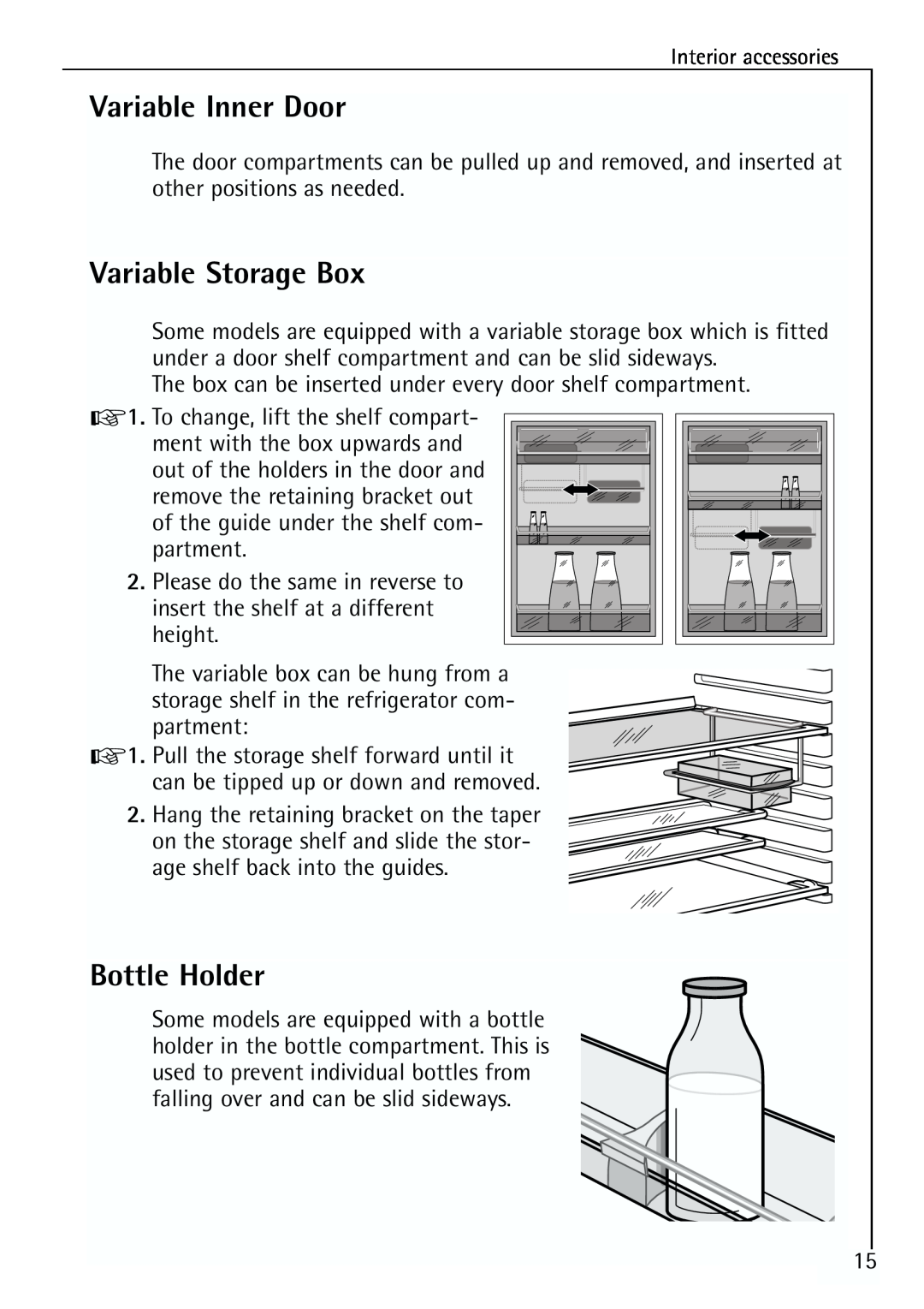 Electrolux 64150 TK manual Variable Inner Door, Variable Storage Box, Bottle Holder 
