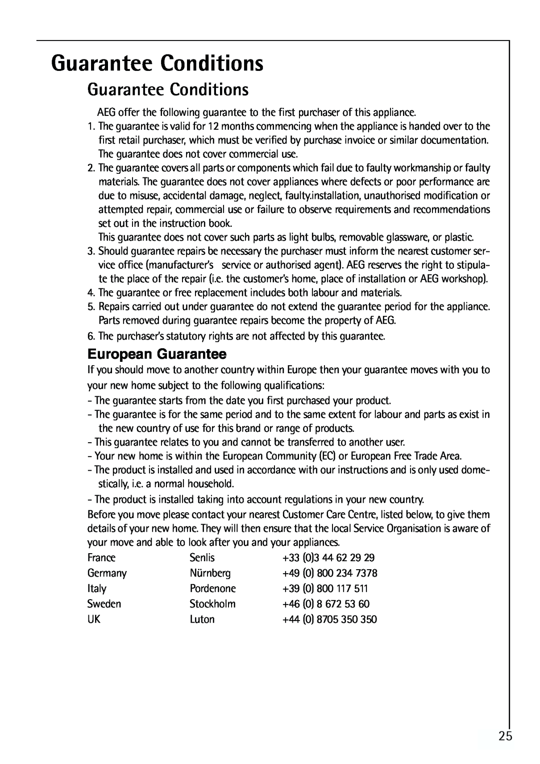 Electrolux 64150 TK manual Guarantee Conditions, European Guarantee 