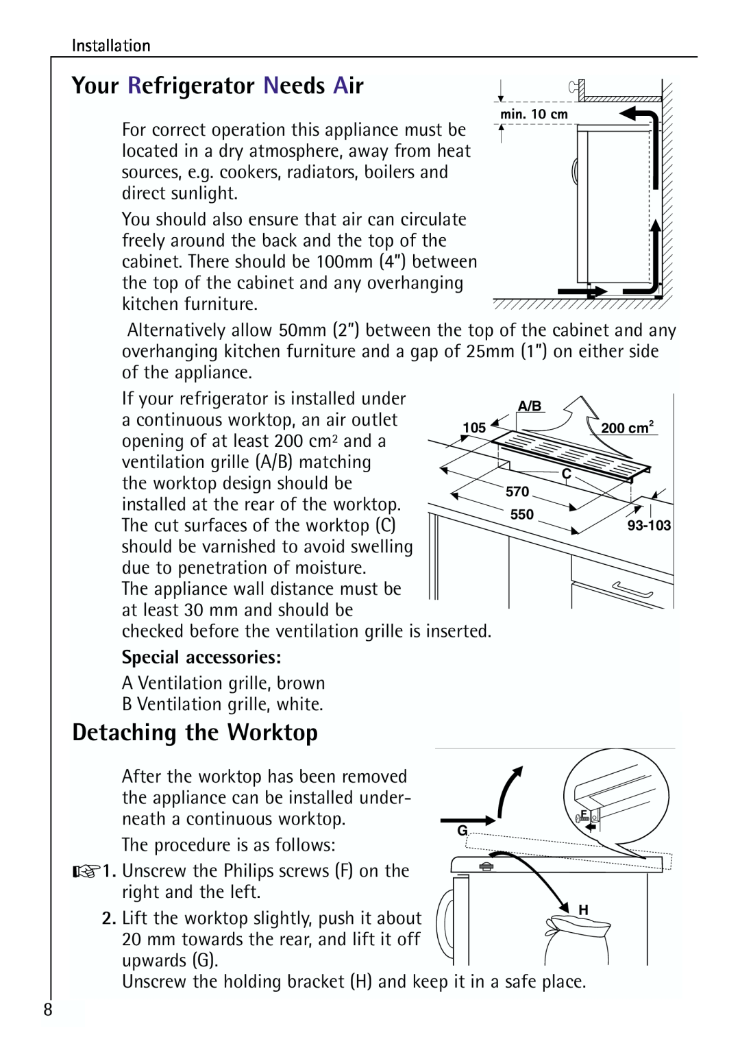 Electrolux 64150 TK manual Your Refrigerator Needs Air, Detaching the Worktop, Special accessories 