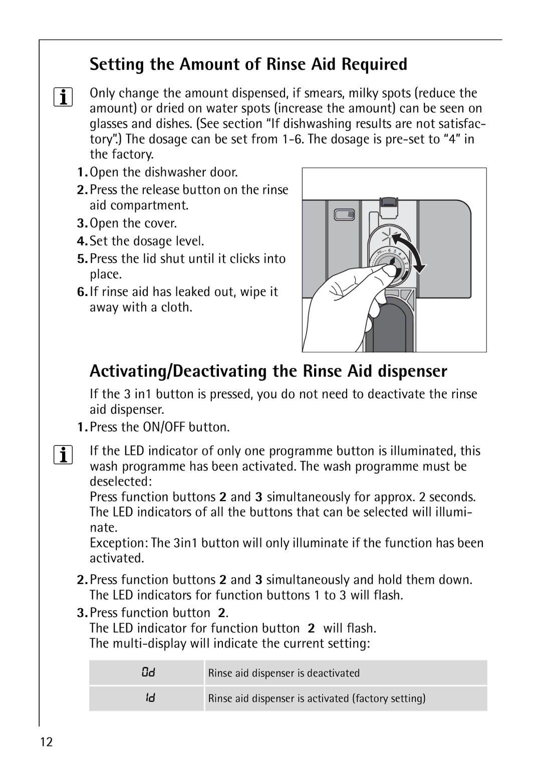 Electrolux 64570 Vi manual Setting the Amount of Rinse Aid Required, Activating/Deactivating the Rinse Aid dispenser 