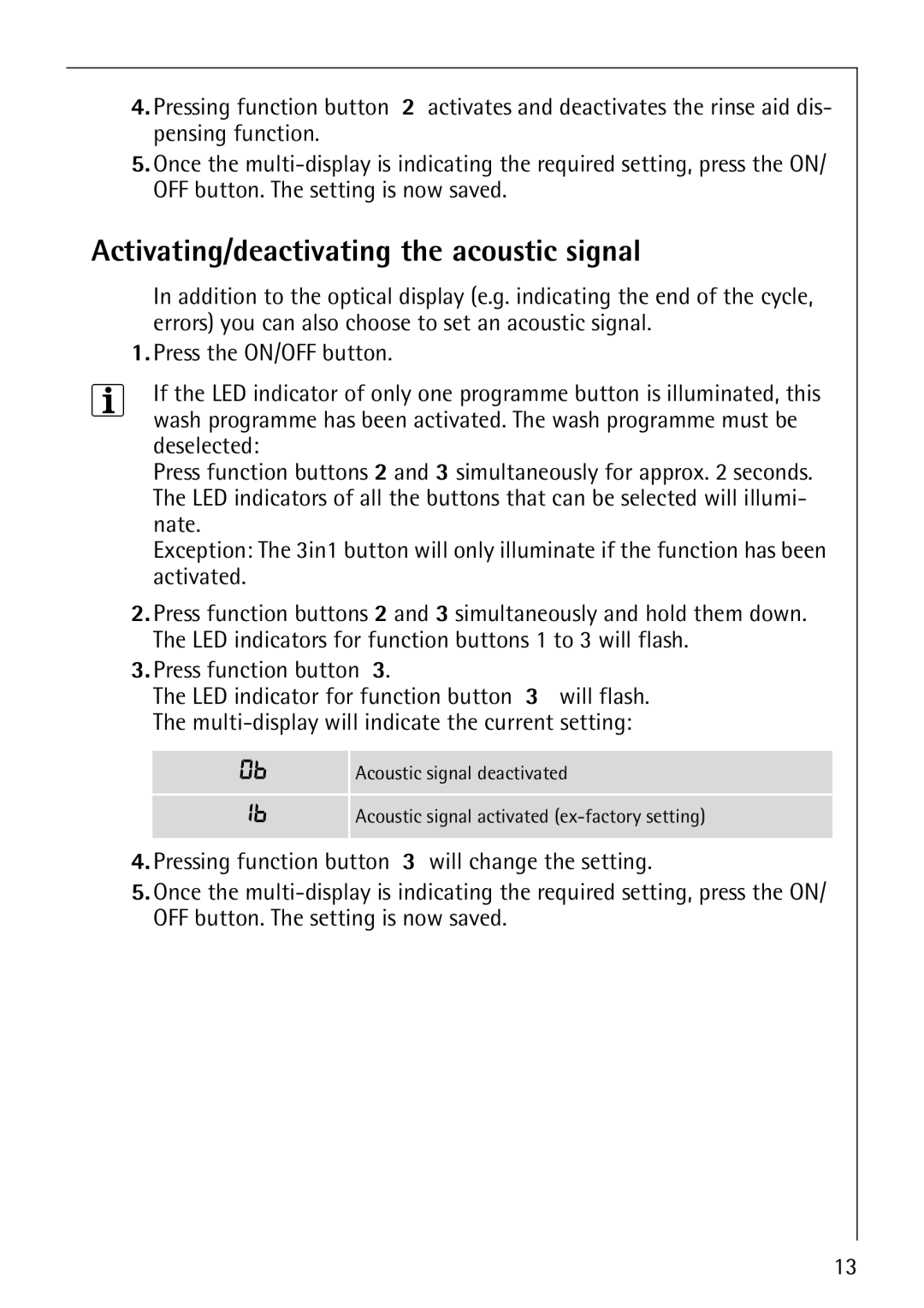 Electrolux 64570 Vi manual Activating/deactivating the acoustic signal 