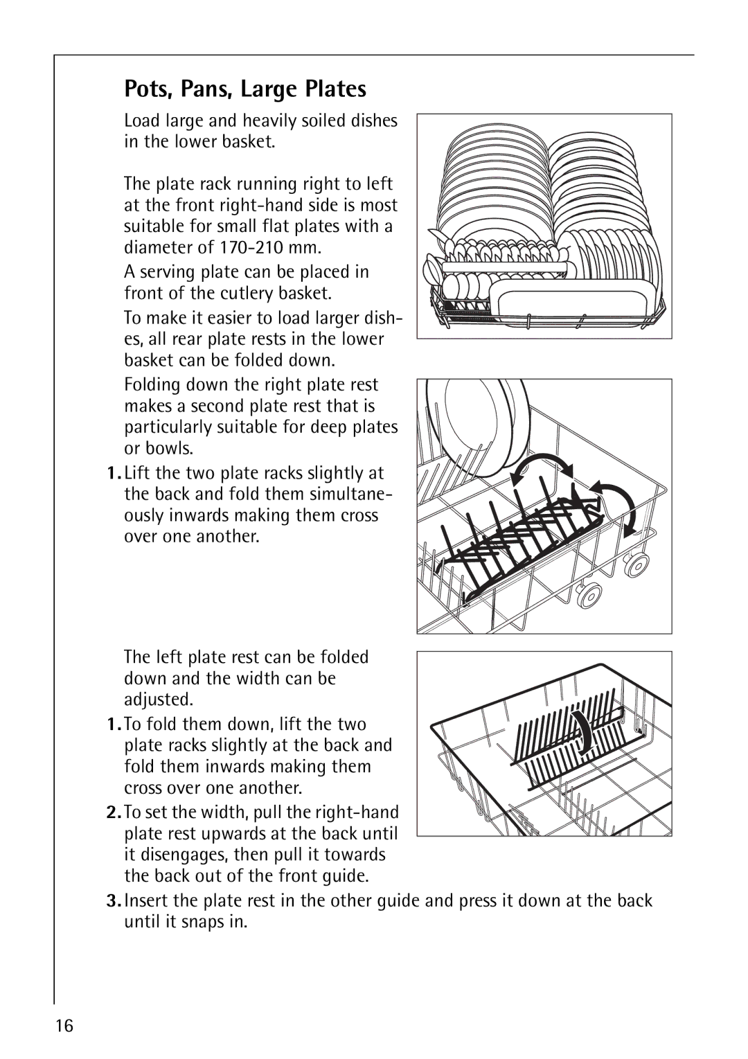 Electrolux 64570 Vi manual Pots, Pans, Large Plates, Load large and heavily soiled dishes in the lower basket 