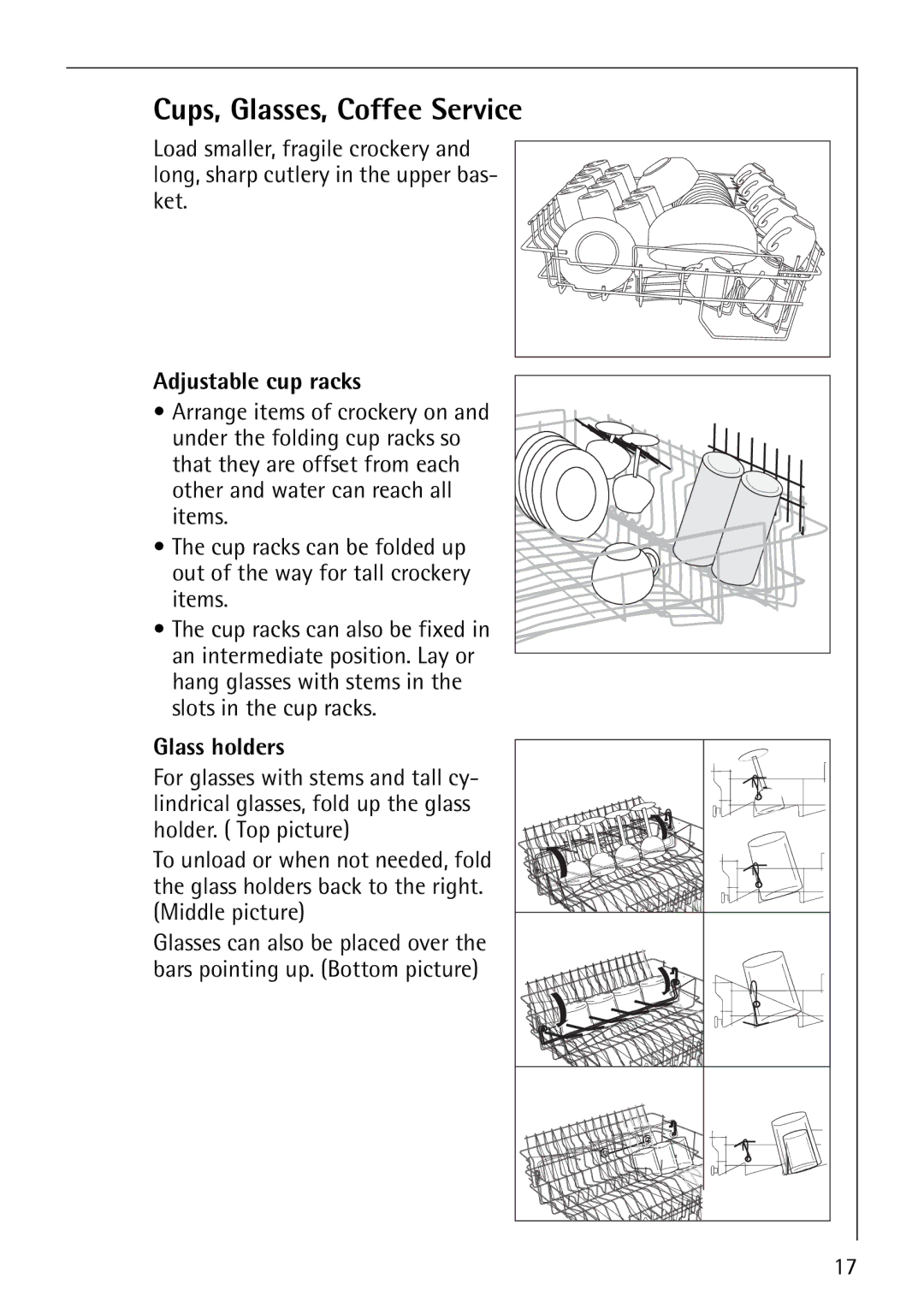 Electrolux 64570 Vi manual Cups, Glasses, Coffee Service, Adjustable cup racks, Glass holders 