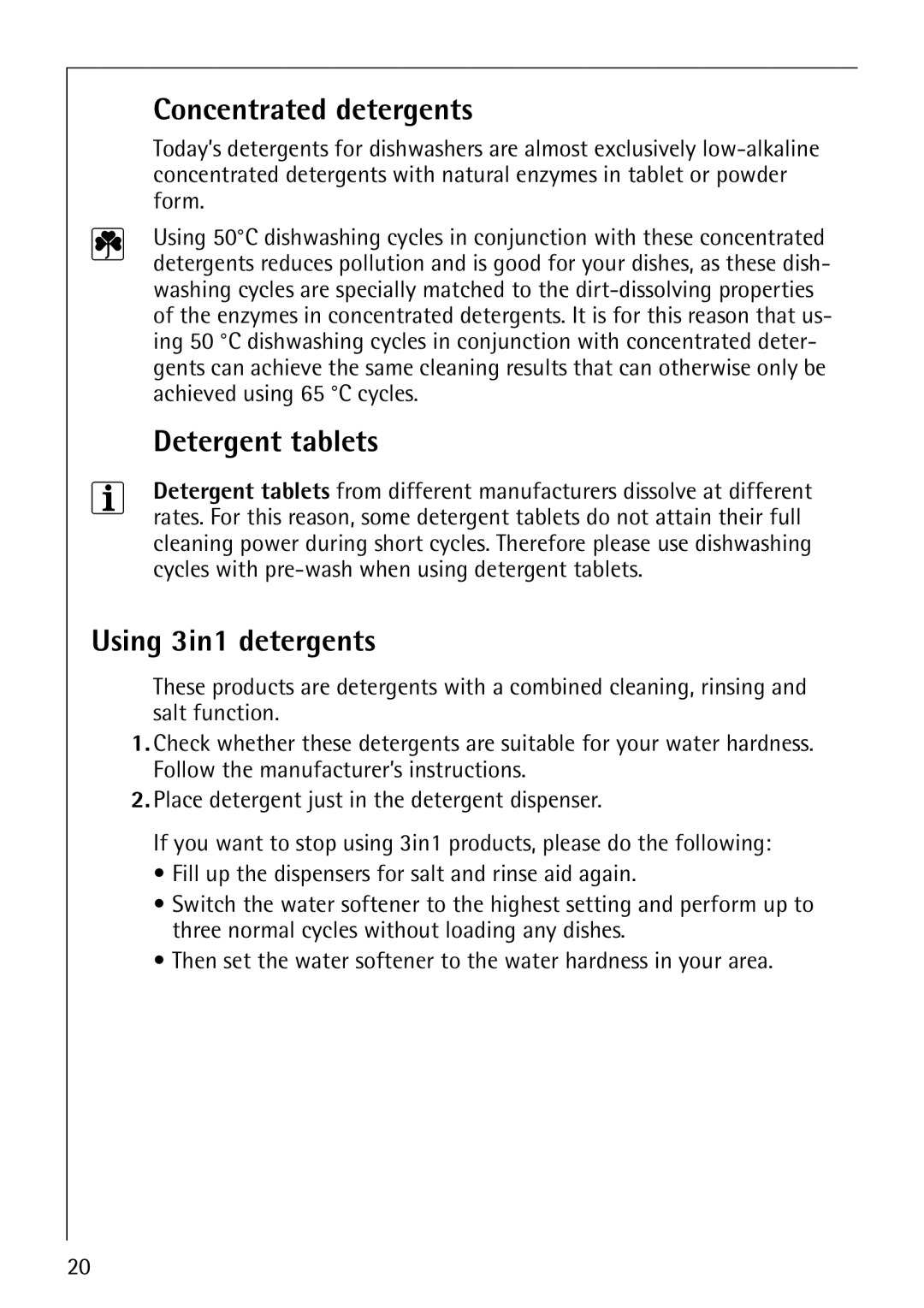 Electrolux 64570 Vi manual Concentrated detergents, Detergent tablets, Using 3in1 detergents 