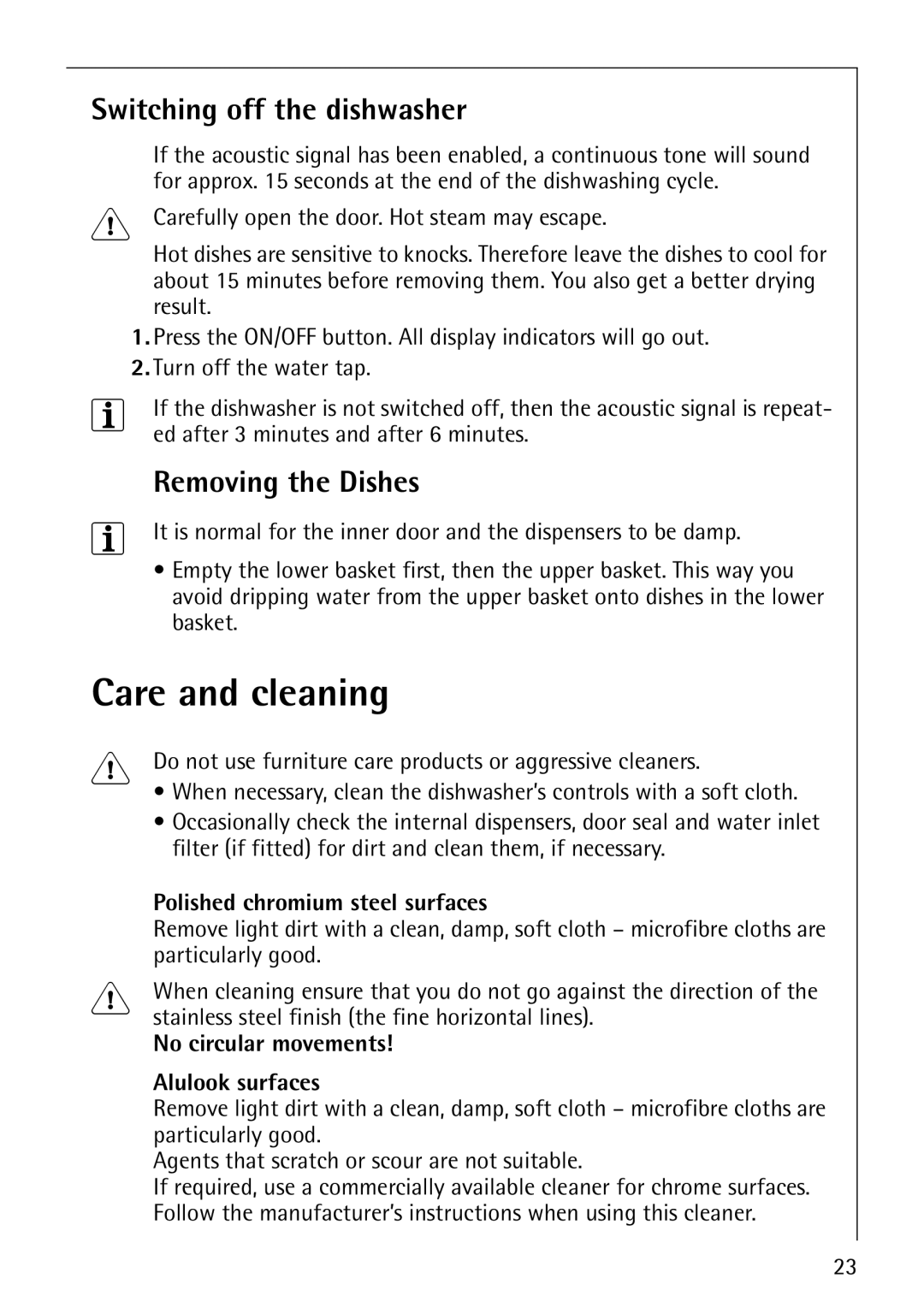 Electrolux 64570 Vi Care and cleaning, Switching off the dishwasher, Removing the Dishes, Polished chromium steel surfaces 