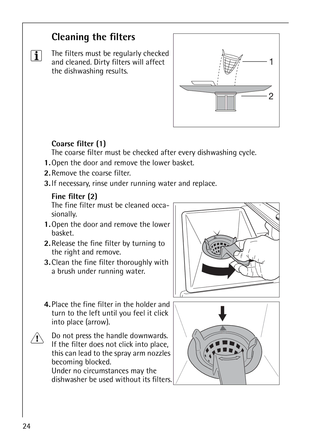 Electrolux 64570 Vi manual Cleaning the filters, Coarse filter, Fine filter 