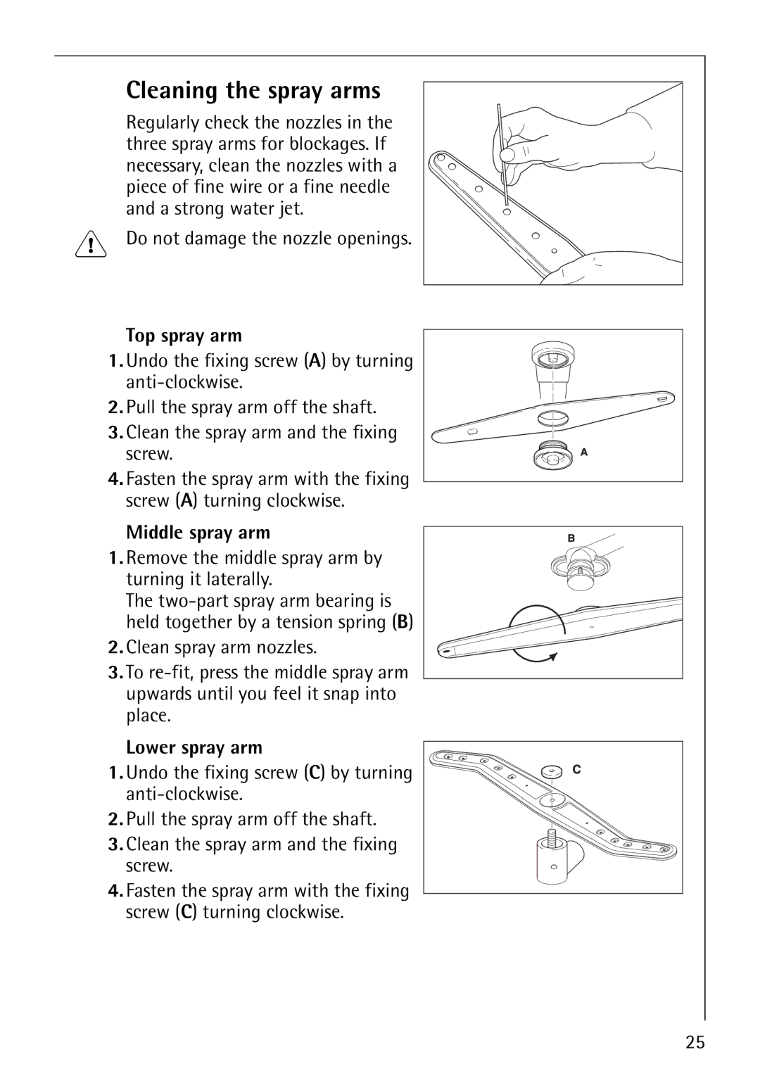 Electrolux 64570 Vi manual Cleaning the spray arms, Top spray arm, Middle spray arm, Lower spray arm 