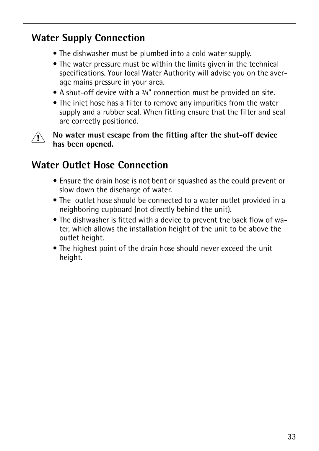 Electrolux 64570 Vi manual Water Supply Connection, Water Outlet Hose Connection 