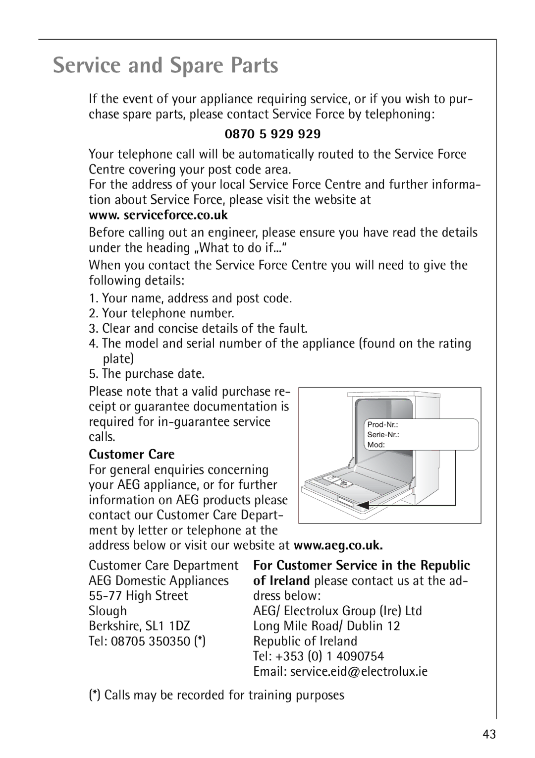 Electrolux 64570 Vi manual Service and Spare Parts, 0870 5 929 