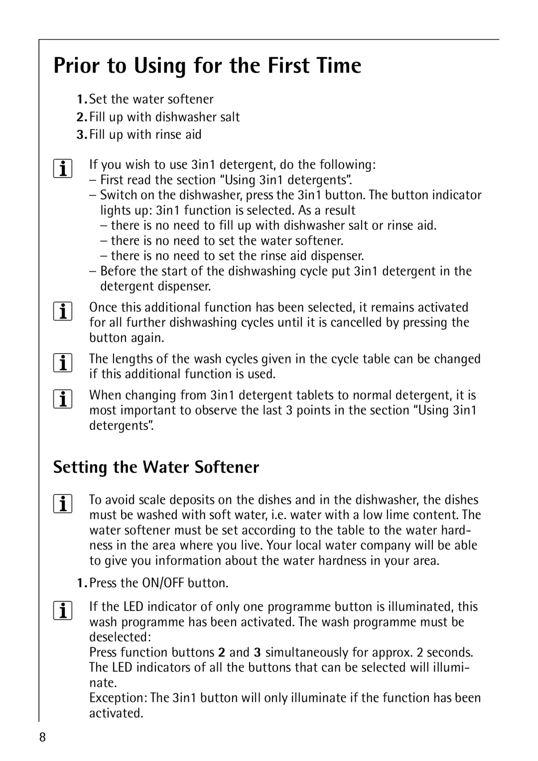 Electrolux 64570 Vi manual Prior to Using for the First Time, Setting the Water Softener 