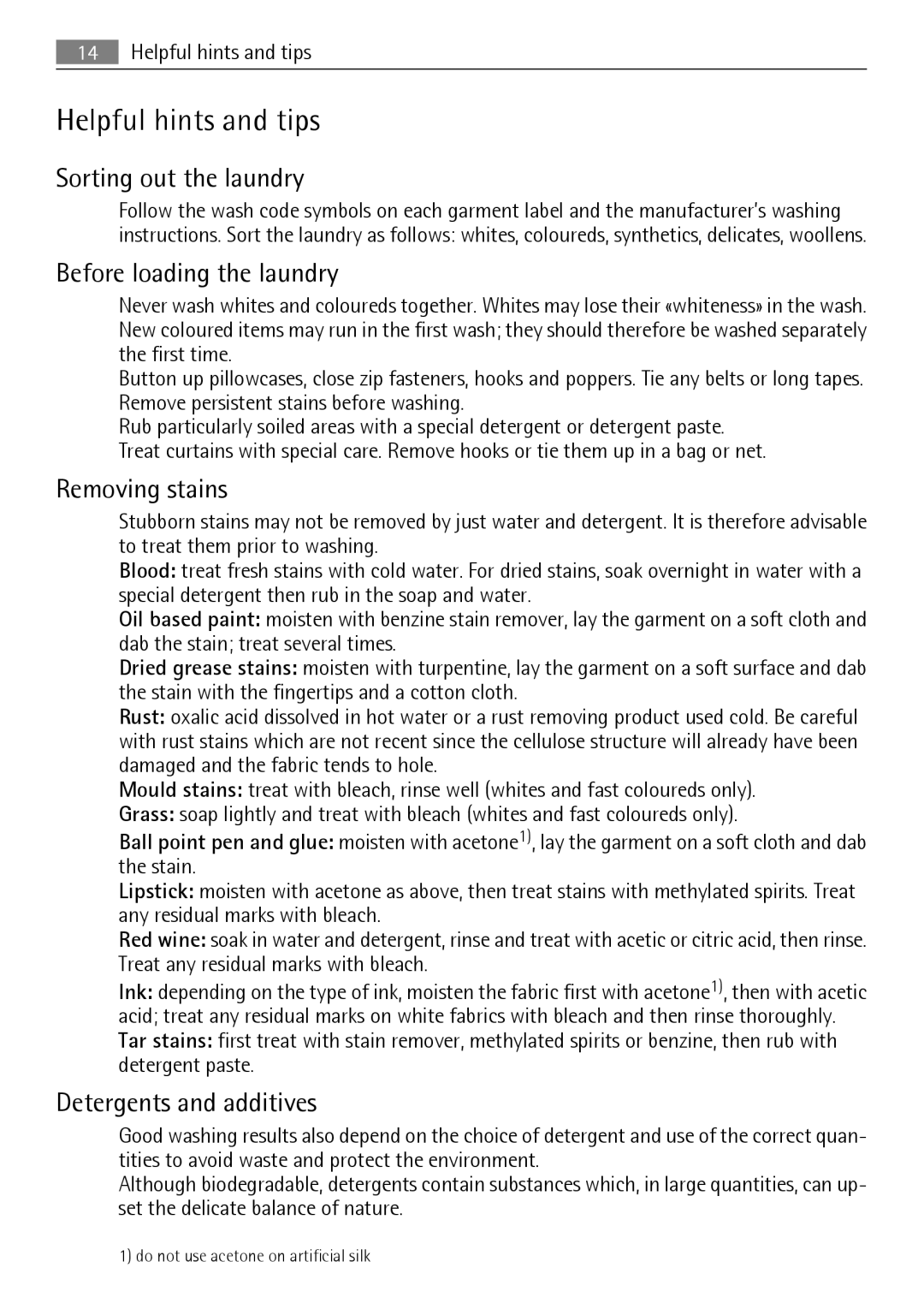 Electrolux 64850LE user manual Helpful hints and tips, Sorting out the laundry, Before loading the laundry, Removing stains 