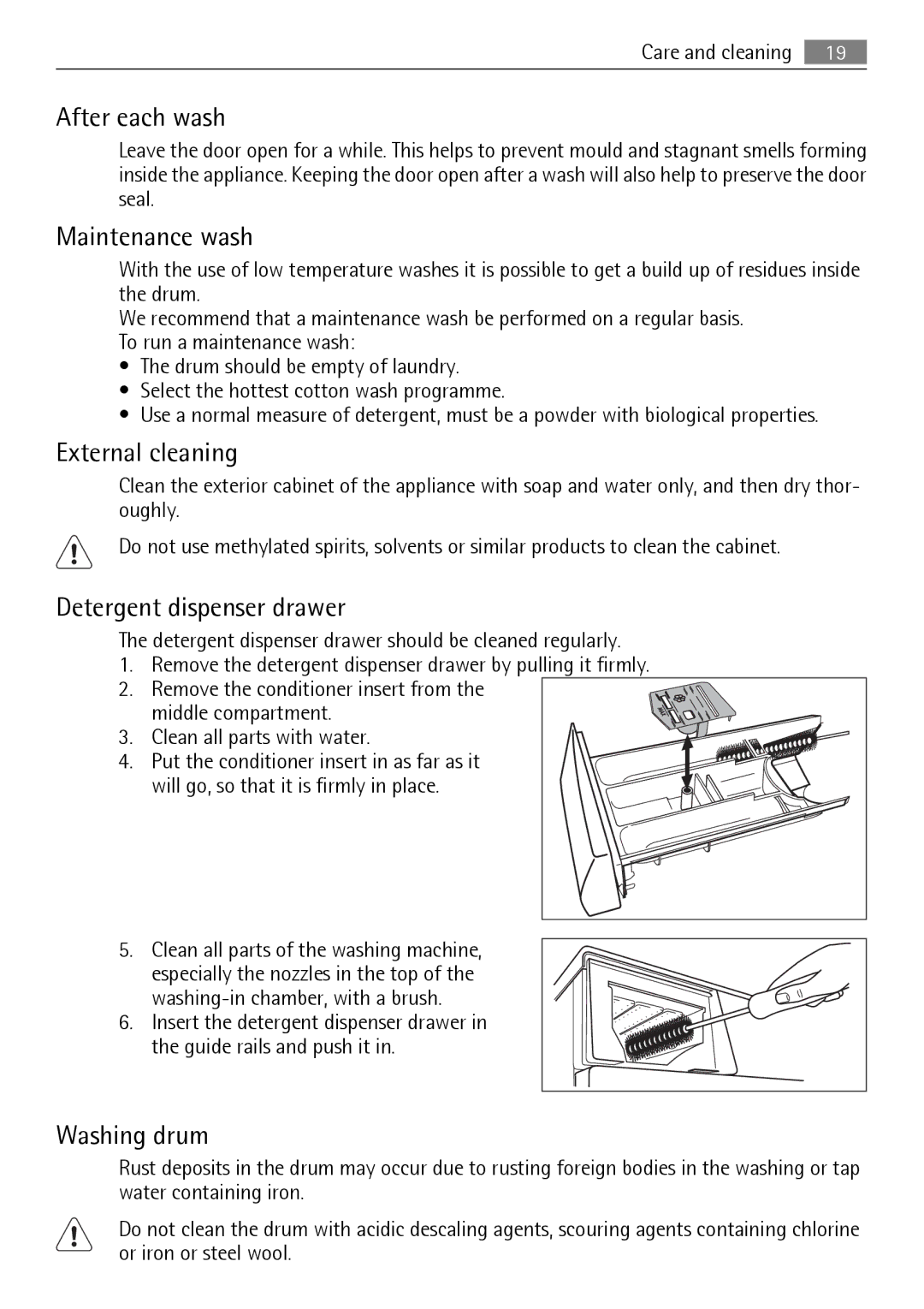 Electrolux 64850LE user manual After each wash, Maintenance wash, External cleaning, Washing drum 