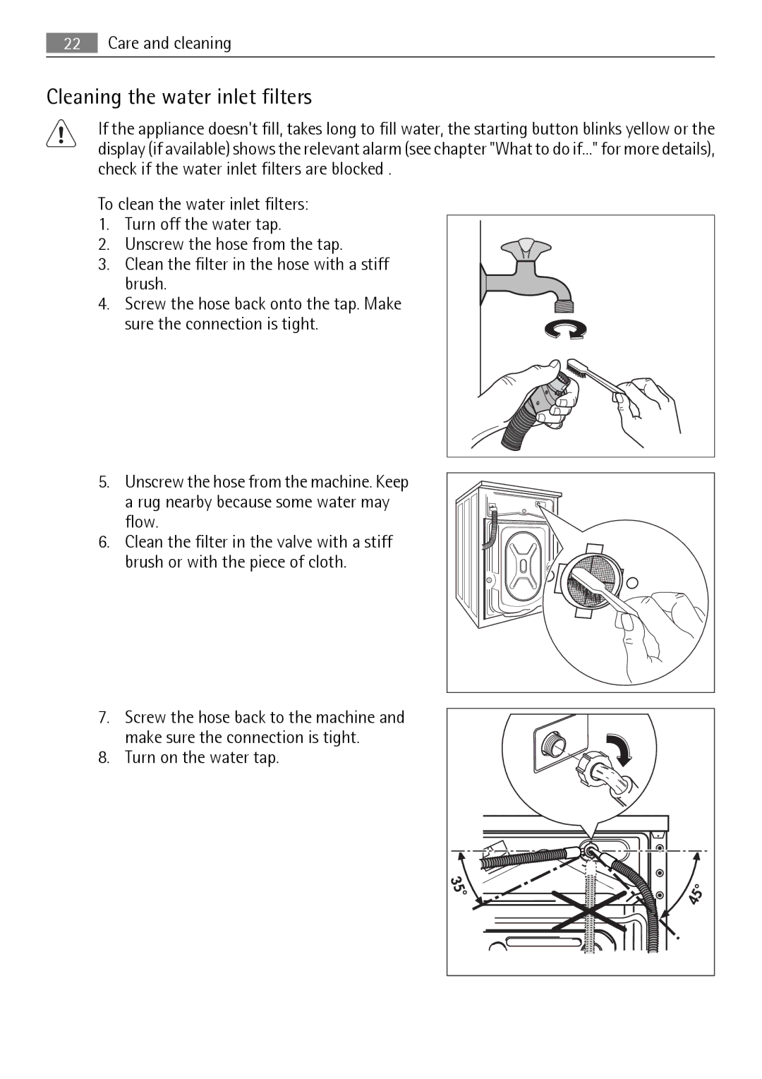 Electrolux 64850LE user manual Cleaning the water inlet filters, Turn on the water tap 