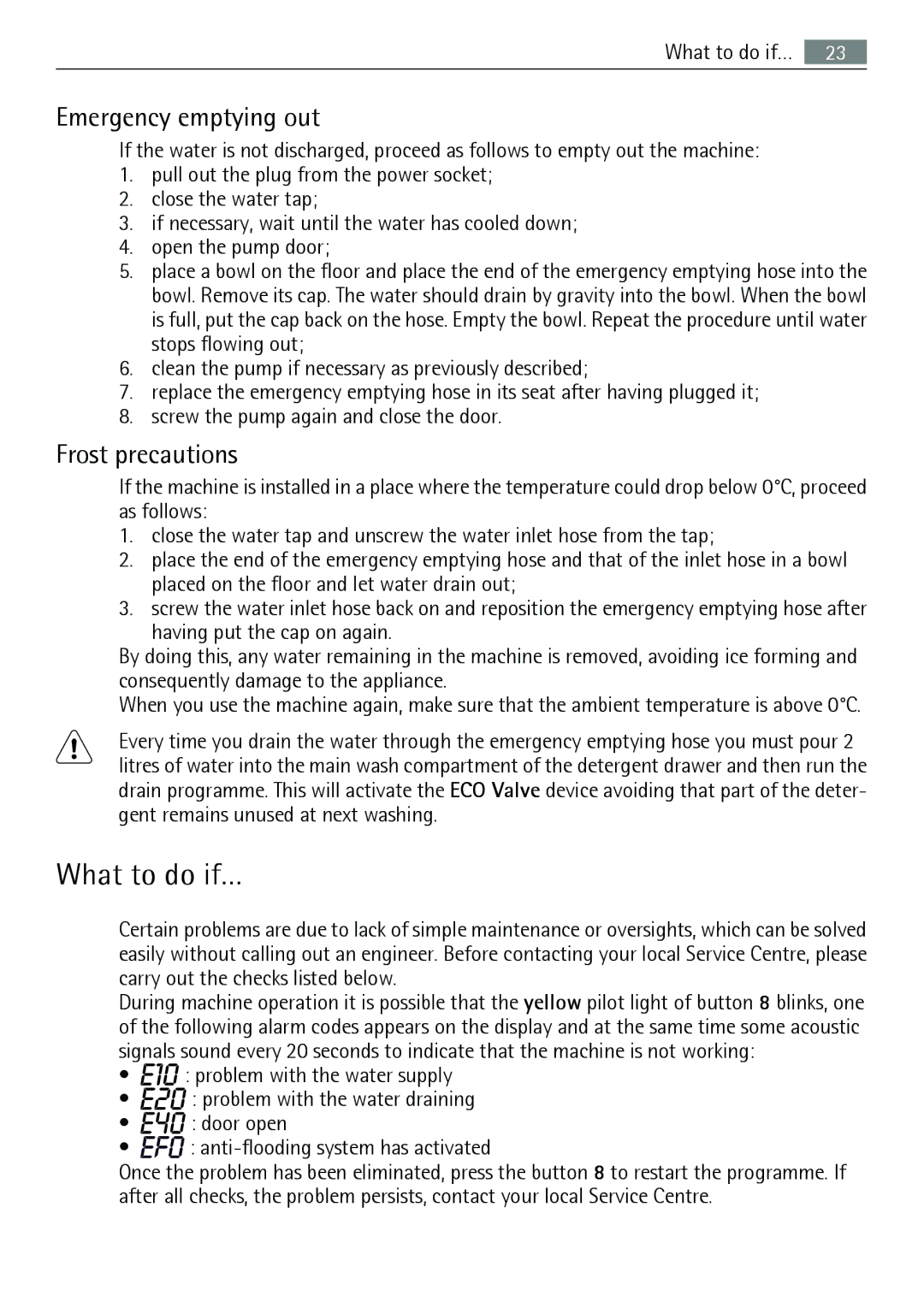 Electrolux 64850LE user manual What to do if…, Emergency emptying out, Frost precautions 