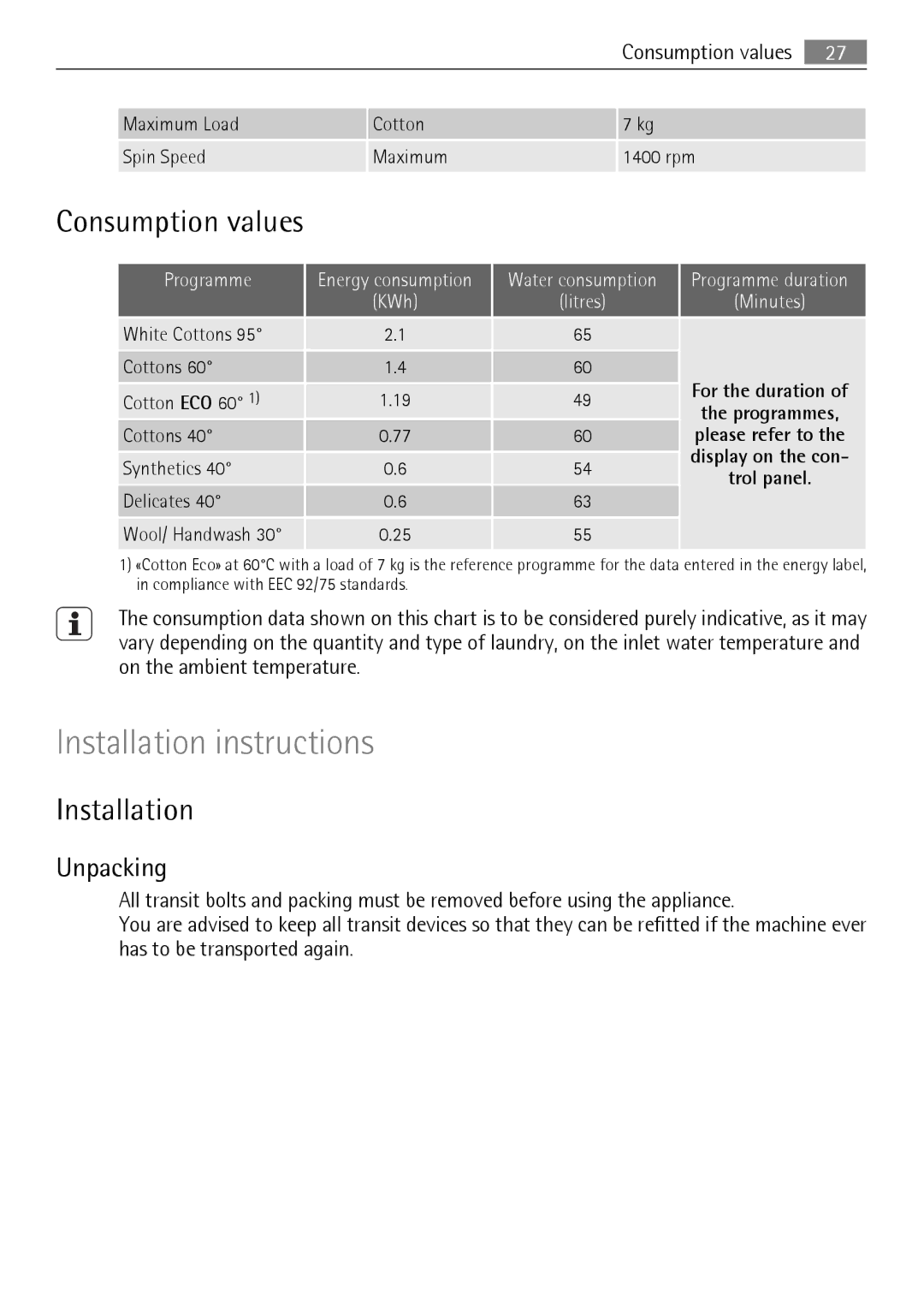 Electrolux 64850LE user manual Consumption values, Installation, Unpacking 